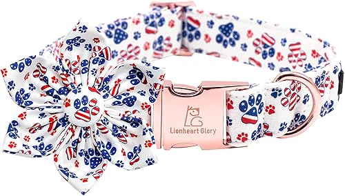 Lionheart glory Collar de perro con bandera estadounidense, collar de flores para perro del 4 de julio, resistente y ajustable, patriótico con flor