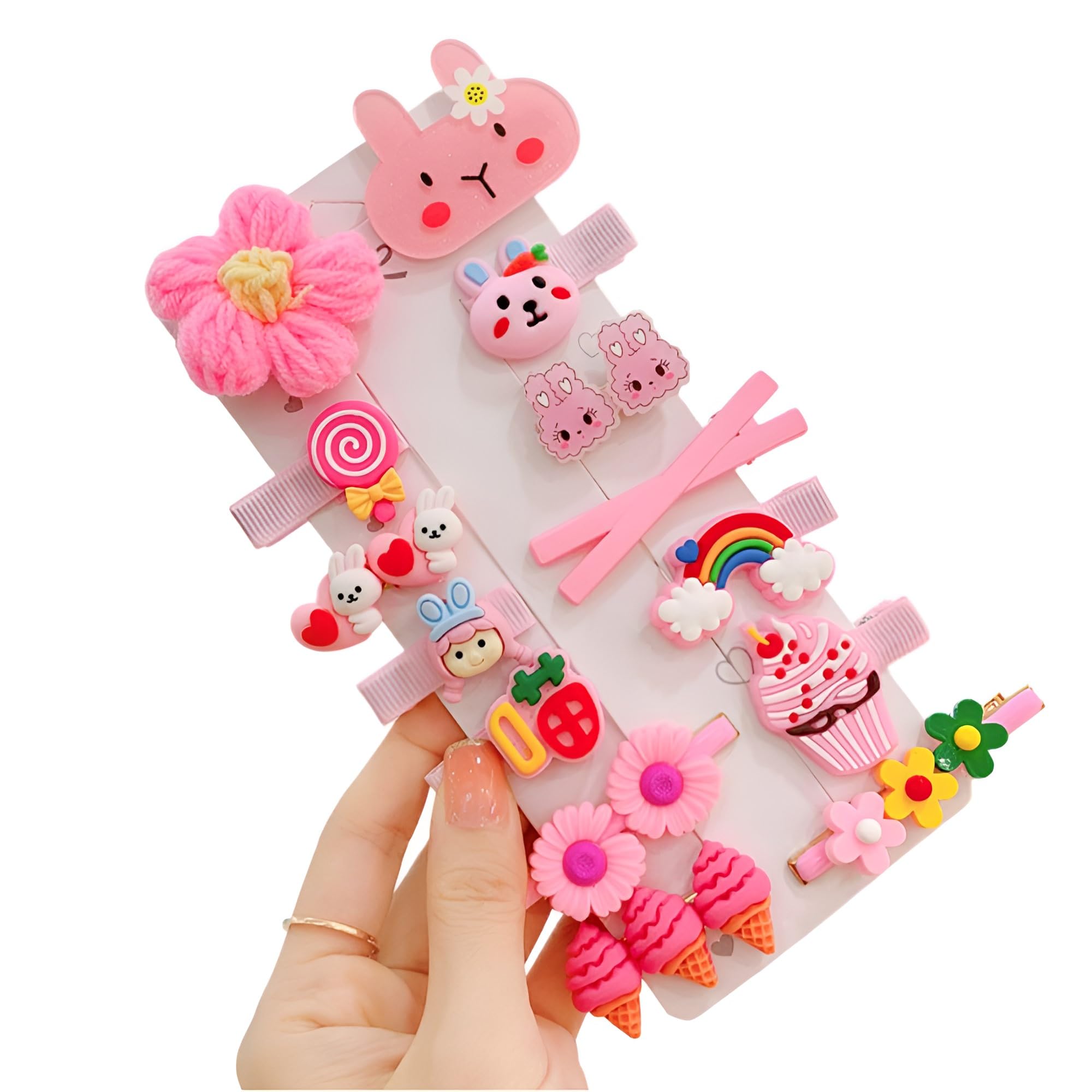 SYGA 14-Piece Baby Hair Clip Set for Girls – Cute Cartoon & Floral Patterns Hair Pin, Hair Types Bunny, Rainbow, Icecream, Flower - Pink-image-15