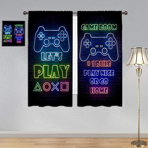 Gamepad Gamer Curtains, Energy Efficient Thermal Insulated Blackout Curtain Video Games Controller Neon Sign Design Window Curtain Drape Decor Curtains 42x72 Inch