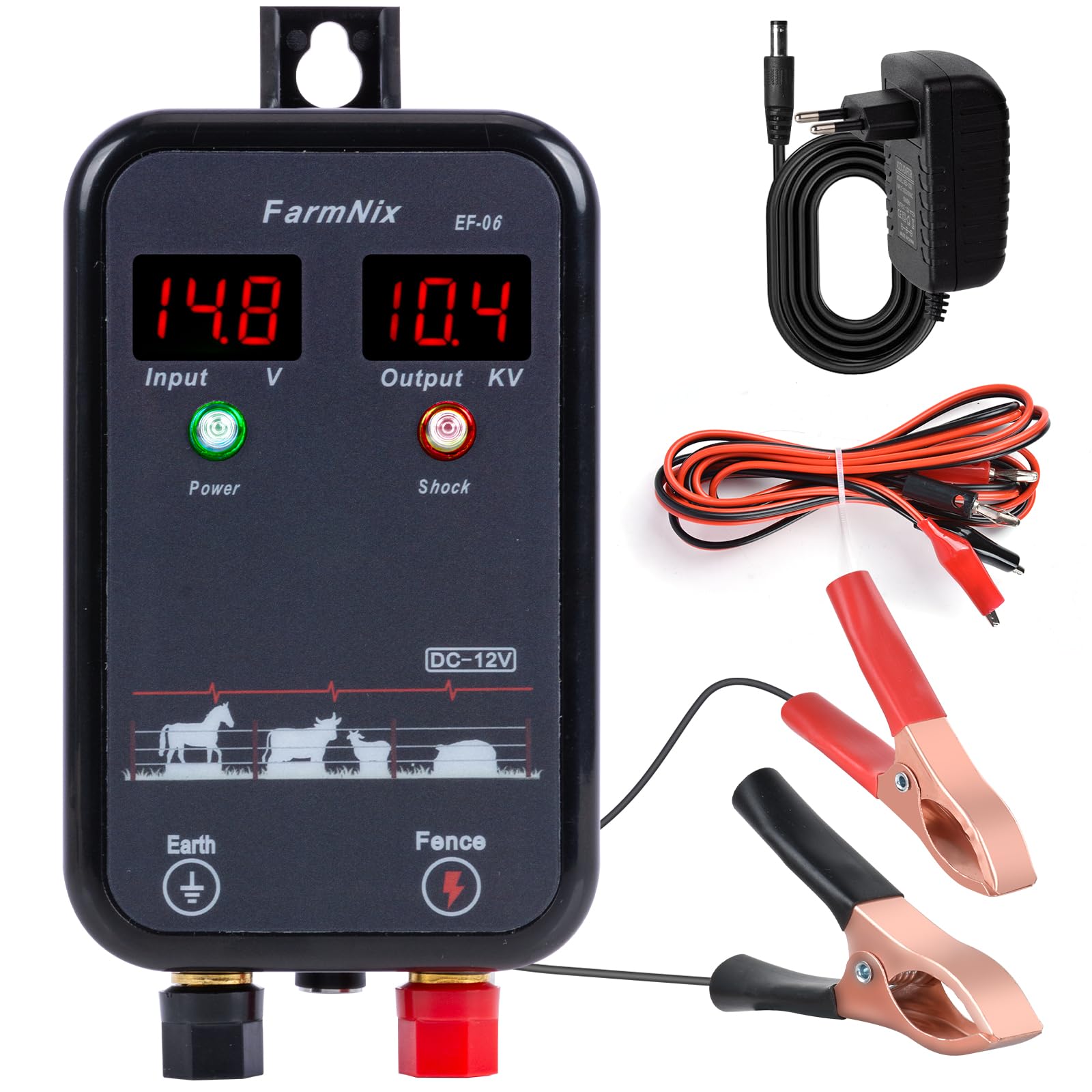 8KM Pastor Electrico ,1.0 Joule 12V, Cerca Eléctrica Controlador LED digital, Para protección animales pequeños, aves de corral y mascotas, para jardines, granjas y pasto (Black)