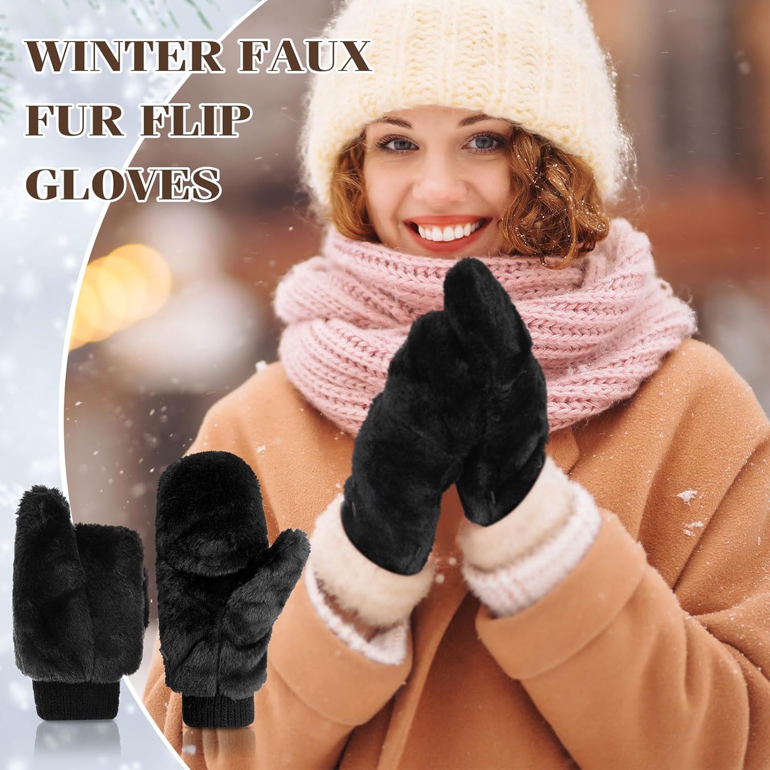 SATINIOR Faux Fur Mittens Fingerless Gloves Convertible Gloves Fluffy Winter Warm Soft Half Finger Fuzzy for Women - Image 5