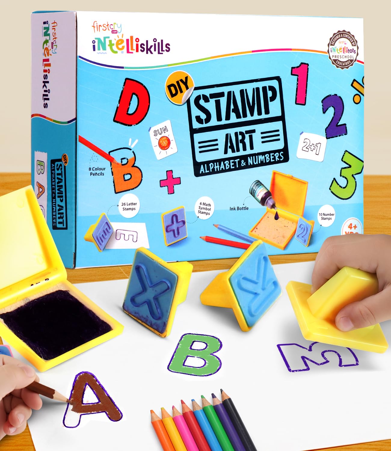 Intelliskills Premium DIY Stamp Art Craft Kit,Alphabet & Numbers Coloring & Stamping Set for Kids,6 Stamps,8 Color Pencil,1 Ink Bottle,1 Stamp Pad &Booklet,Birthday Gift,Craft Kit for 4Years+ Girl&Boy-image-33