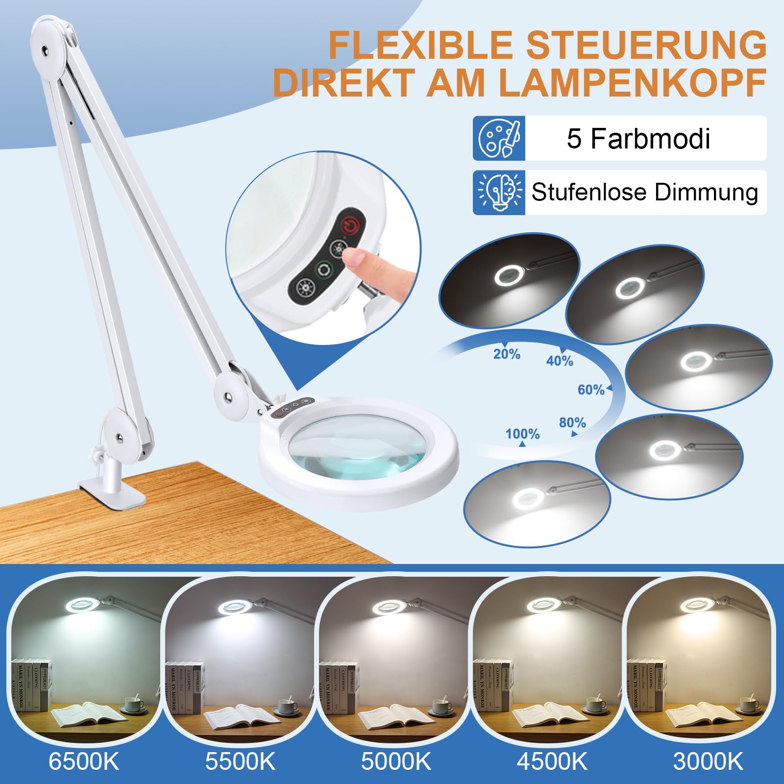 Lupa 10X con luz y Soporte, lámpara de pie LED superbrillante de 2200 lúmenes con 5 Ruedas, 5 Modos de Color, Lupa iluminada Regulable para esteticistas, tratamientos faciales y Salones de Belleza.