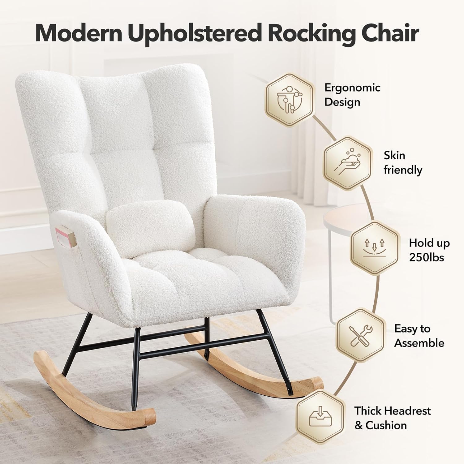 mecedora, Rocking Chair, Recubrimiento Bouclette, Sillón Lactancia, Silla mecedora, Estructura de acero, Patas de madera maciza, Beige, 68,3 x 92 x 91 cm, con Almohada