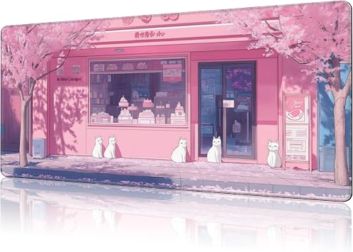 Large Mouse Pad Pink Cake Shop with Cats Extended Gaming Keyboard Desk Mat Non-Slip Rubber with Stitched Edge Desk Pad Suitable for Office Home Desktop Decoration 35.4 x 15.7 Inches