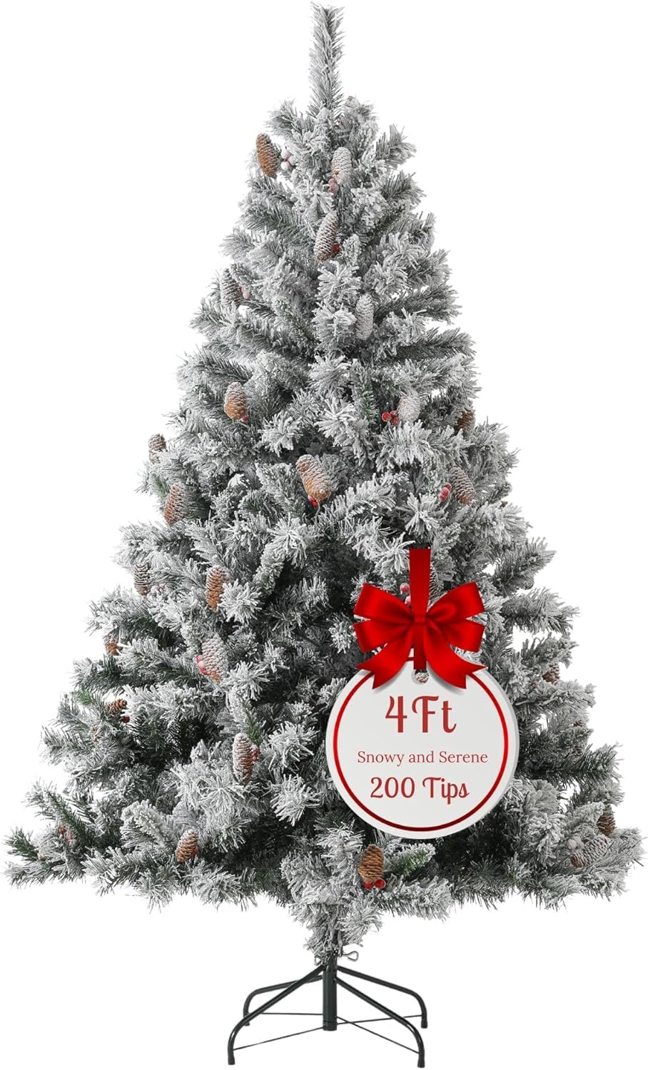 EVRE White Snow Flocked Artificial Christmas Tree Xmas Pine Red Berries Metal Stand Fir Spruce Green Hinged Branches Realistic Easy Assembly Indoor Holiday Decorations (4ft)