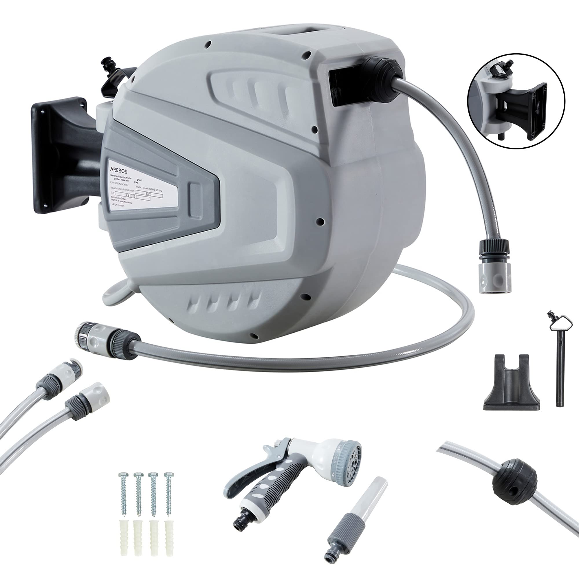 AREBOS Schlauchaufroller 30m | Schlauchtrommel Wandschlauchbox mit Wandhalterung | Gartenschlauch Automatischer Aufrollmechanismus & Arretierstop | 9 Sprühfunktionen 180° Schwenkbar | Grau