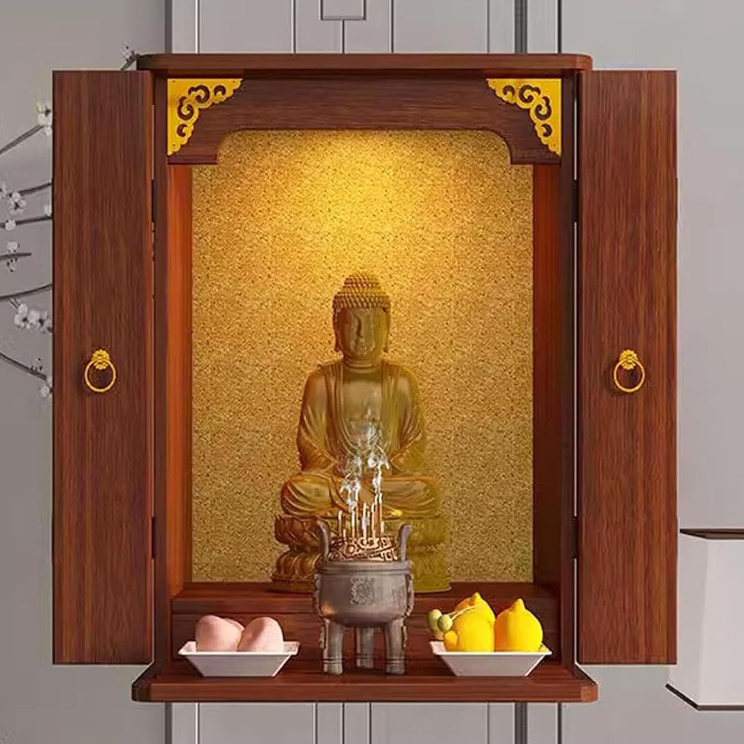 Wall Rack Statue Altar Table, Living Room Prayer Incense Table with Pull-Out Tray, Stand Offering Table, Chinese Buddhist Altar Shelf Temple Buddha Shrine(Wood)