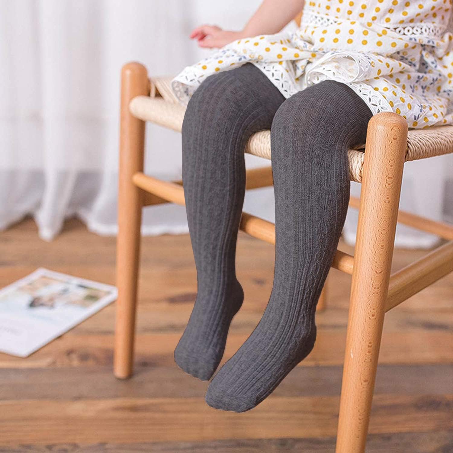 SYGA Baby Tights For Girls Soft Cotton Infant Leggings Toddler Solid Knit Stockings Socks Newborn Warm Crochet Pants (0-6 Months, Dark Grey) - Image 2 thumbnail