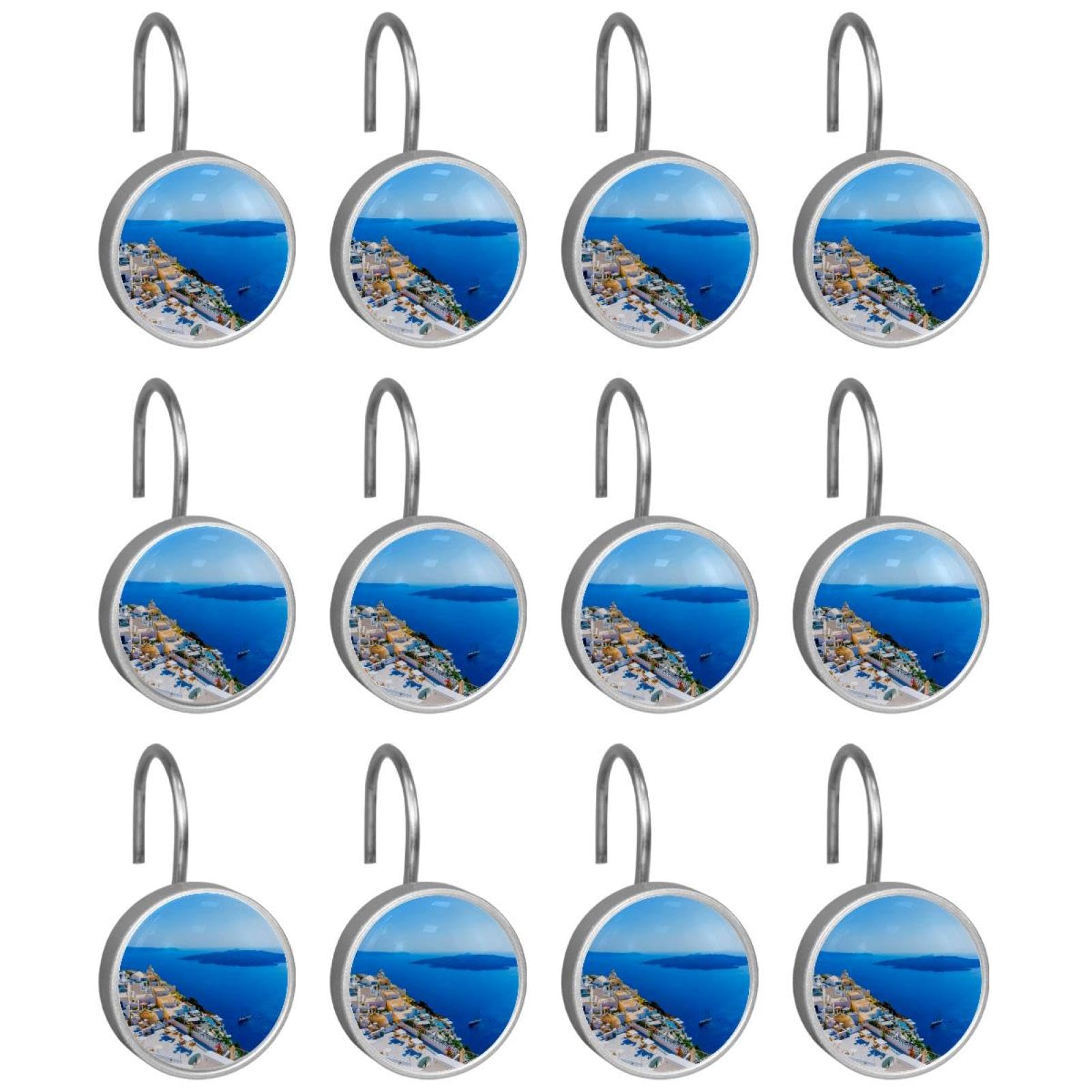 Lot de 12 crochets de rideau de douche Grèce Santorin Caldera en acier inoxydable antirouille pour tringle de douche de salle de bain