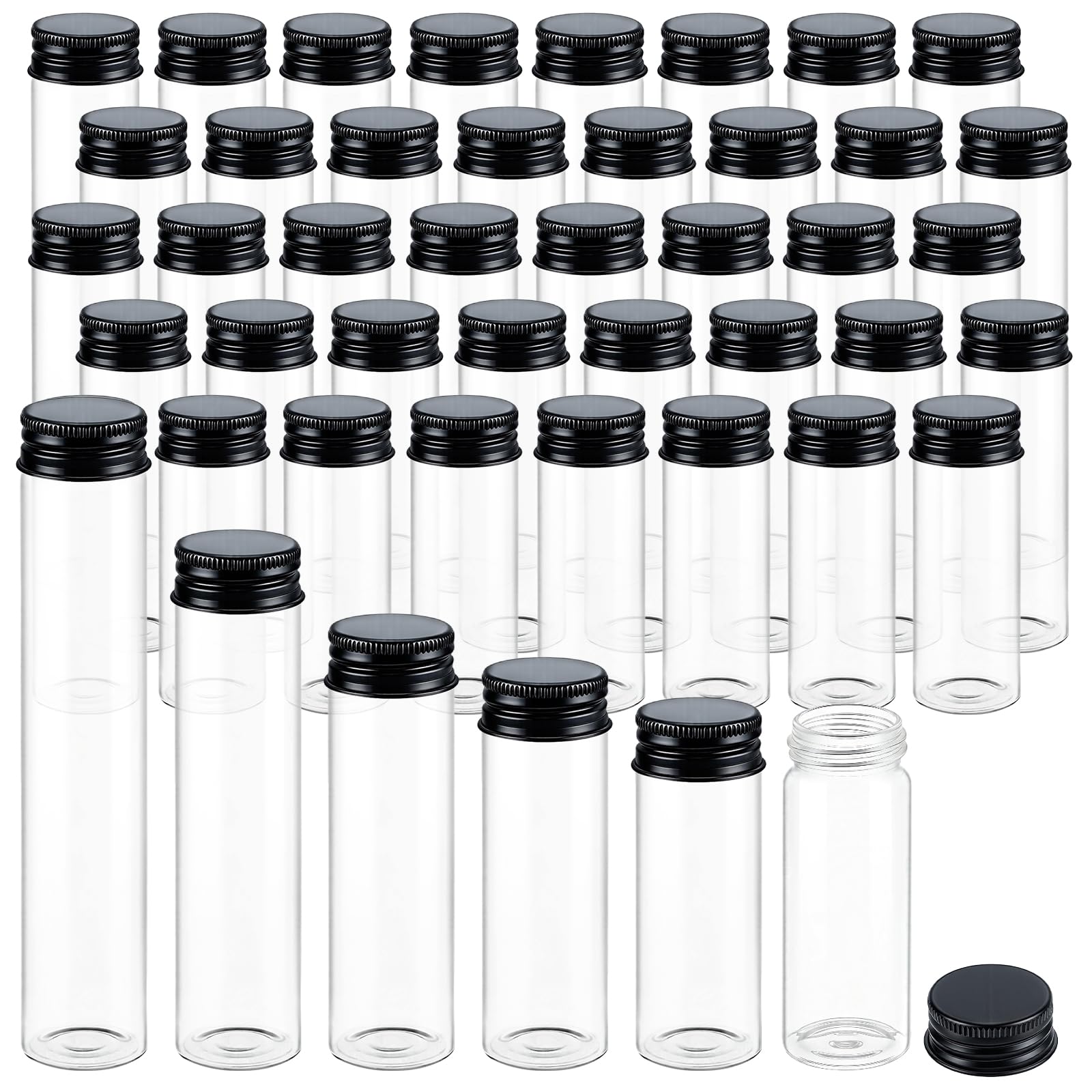 100 unidades de 80 ml/60 ml/50 ml/45 ml/40 ml, tubos de cristal transparente con tapón de rosca para sales de baño, goma de mascar y joyas (negro)
