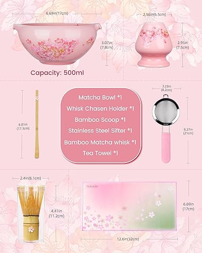 Vista 6 de Juego de batidor de matcha, juego de 6 piezas que incluye cuenco grande de matcha con doble boquilla, batidor de bambú y cuchara con bonito encanto