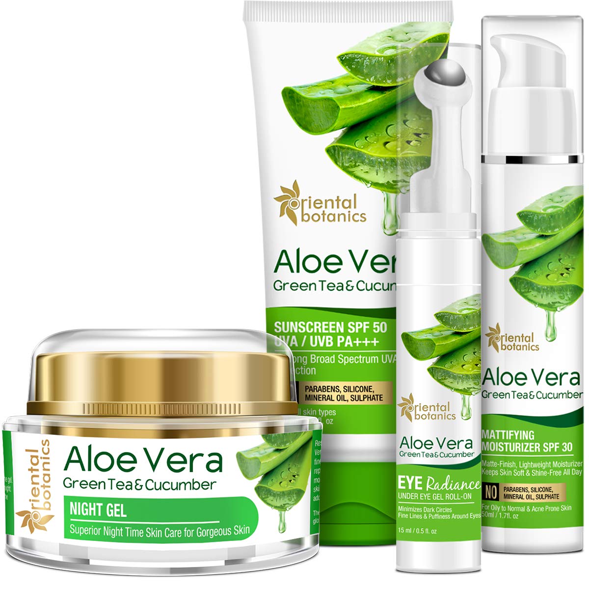 Oriental Botanics Daily Essentials Kit| Night Gel 50g + Sunscreen 100ml + Under Eye Roll On 15ml + Mattifying Moisturizer 50ml