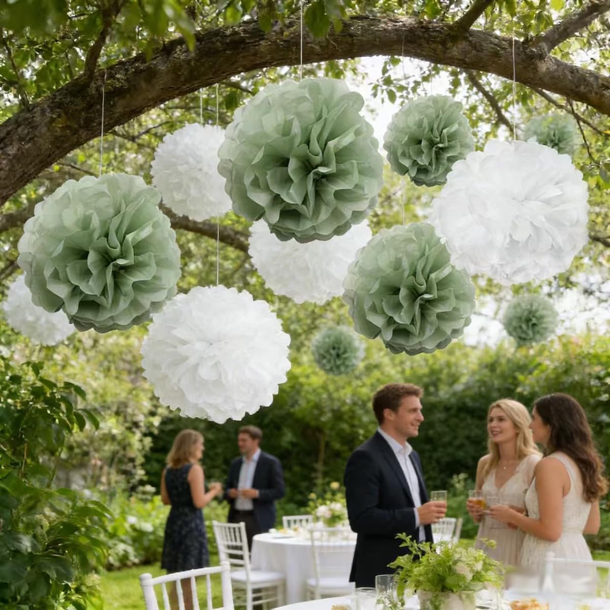 9PCS Sage Green and White Tissue Paper Pom Poms - 10" 12" Large Decorative Flower Balls - Boho Floral Decor for Baby Shower, Wedding Reception, Bridal Shower, Birthday, Nursery Wall