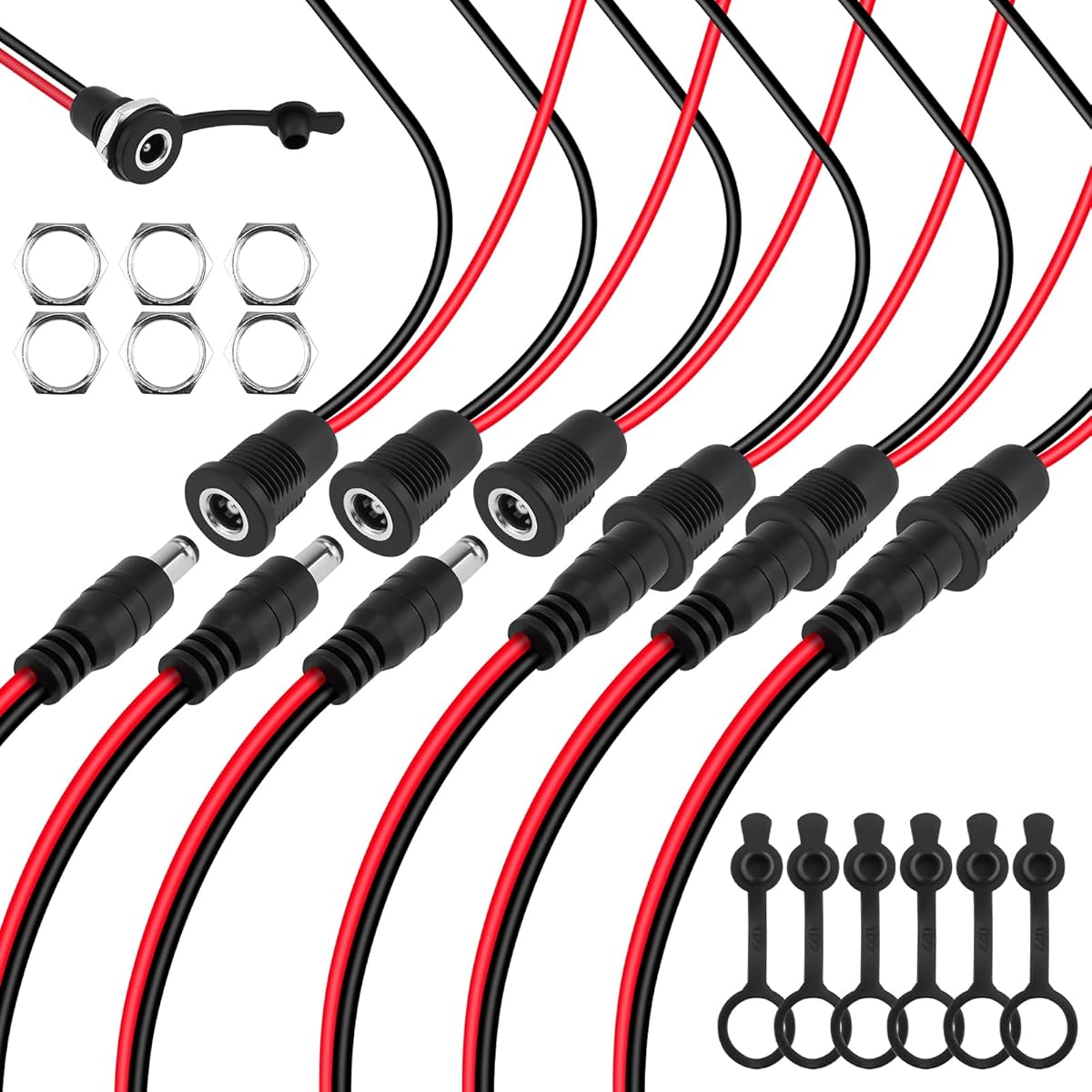 DALQUIS 6 Sets 5.5 x 2.1mm DC Power Jack Socket Threaded Female Panel Mount Connector 18AWG Solder Type Wire Adapter with Dustproof Plug for Car Audio, Video Communication, Stereo, Recorder
