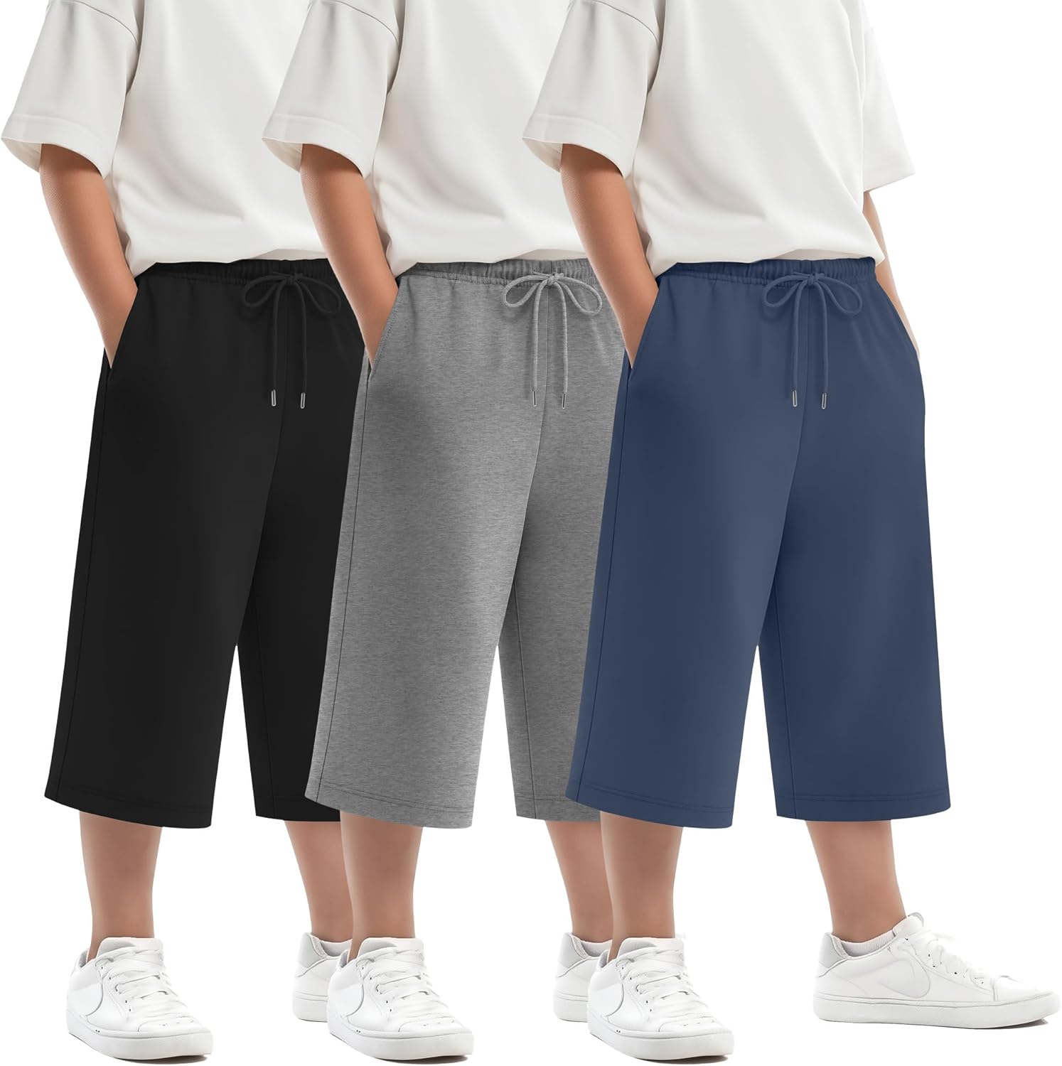 3 Pack Boys' Capri Pants Kids Wide Leg Loose Drawstring Capri Sweatpants Casual Basic Cropped Pants with Pockets