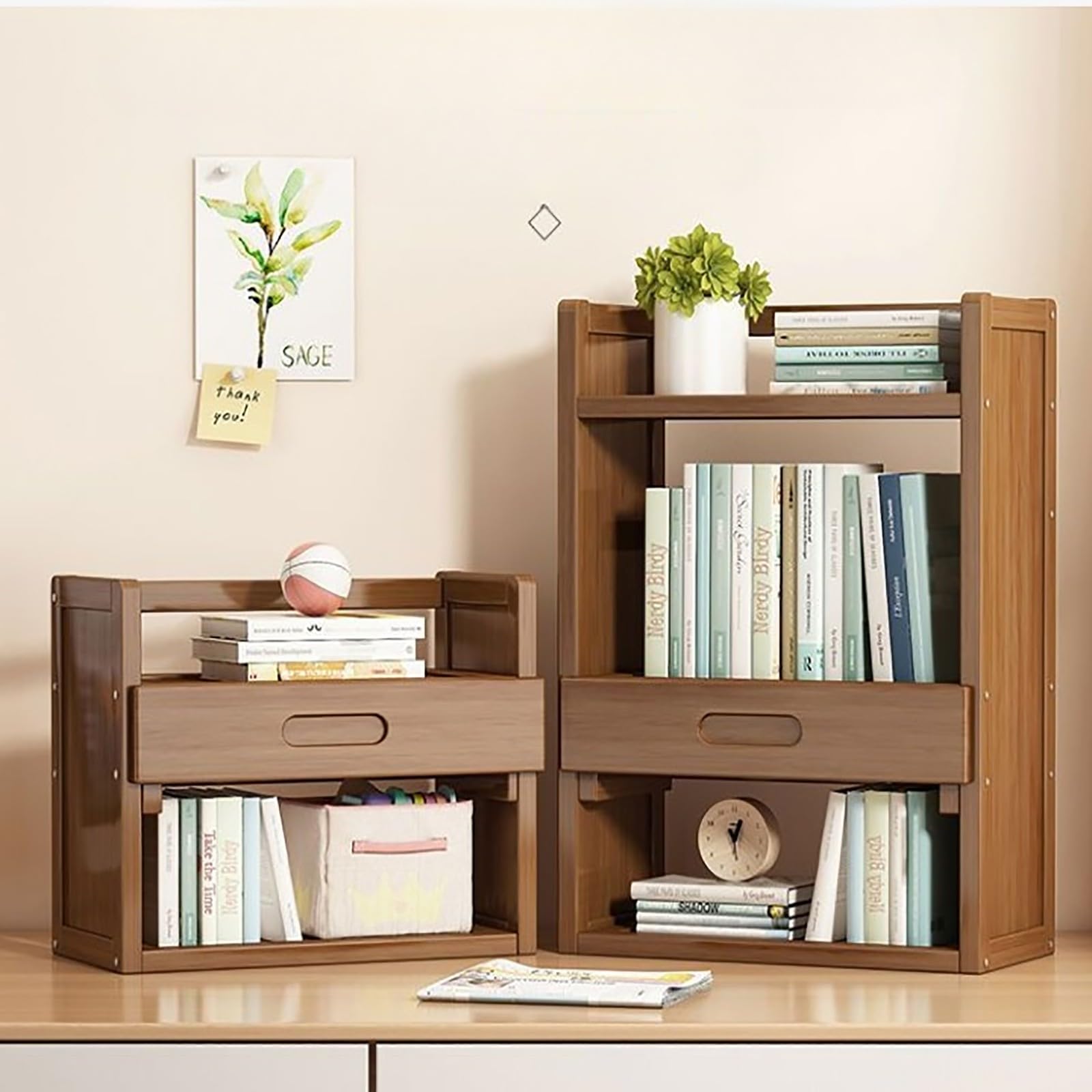Schreibtisch-Organizer aus Holz mit Schubladen für Heimbürobedarf, zweilagig, 66 cm, Schreibtisch-Bücherregal
