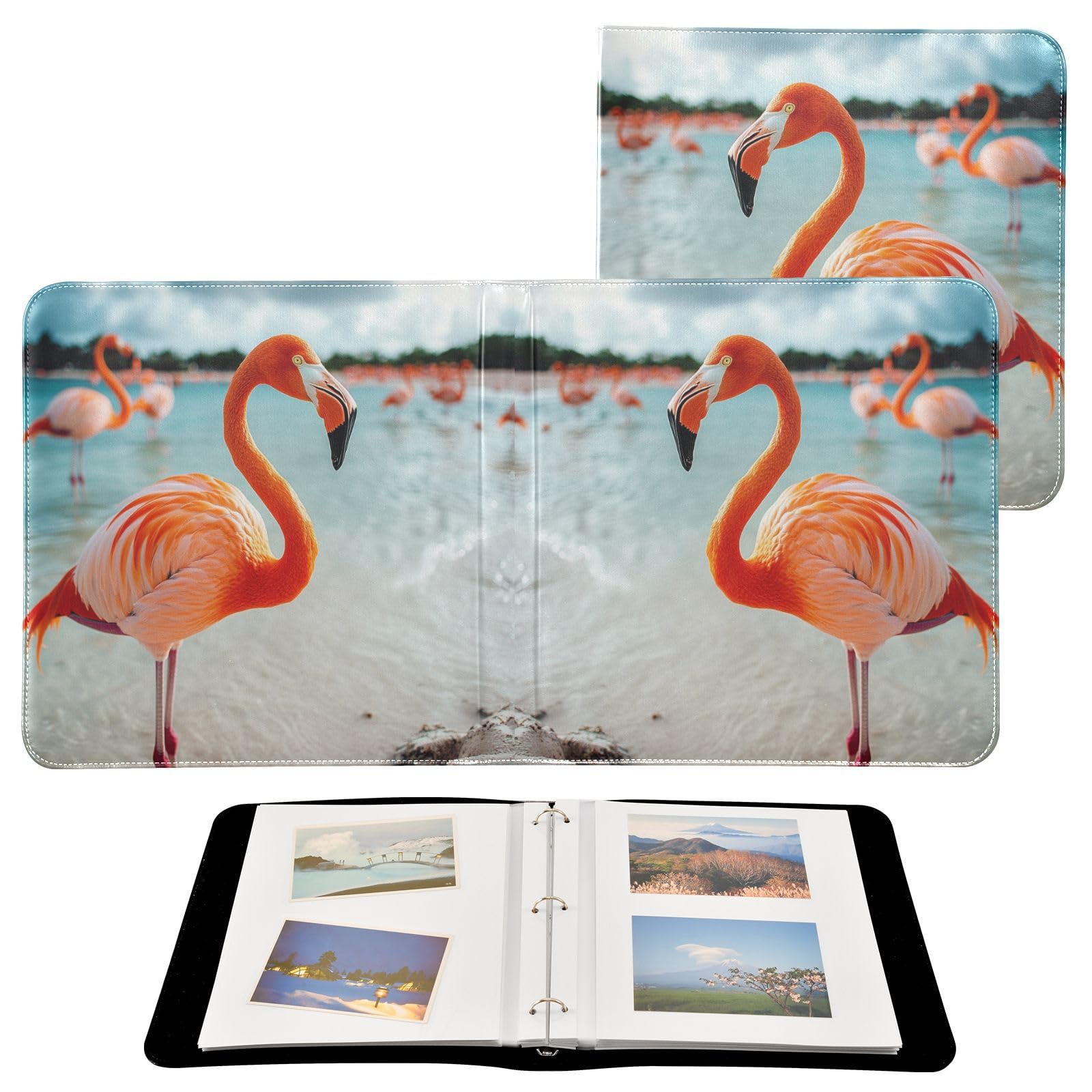 JIPONI Flamingos Beach Large Photo Album, DIY Leather Cover Scrapbook Albums for 4x6 5x7 6x8 Pictures, Self Adhesive Memory Book for Wedding, Baby, Family