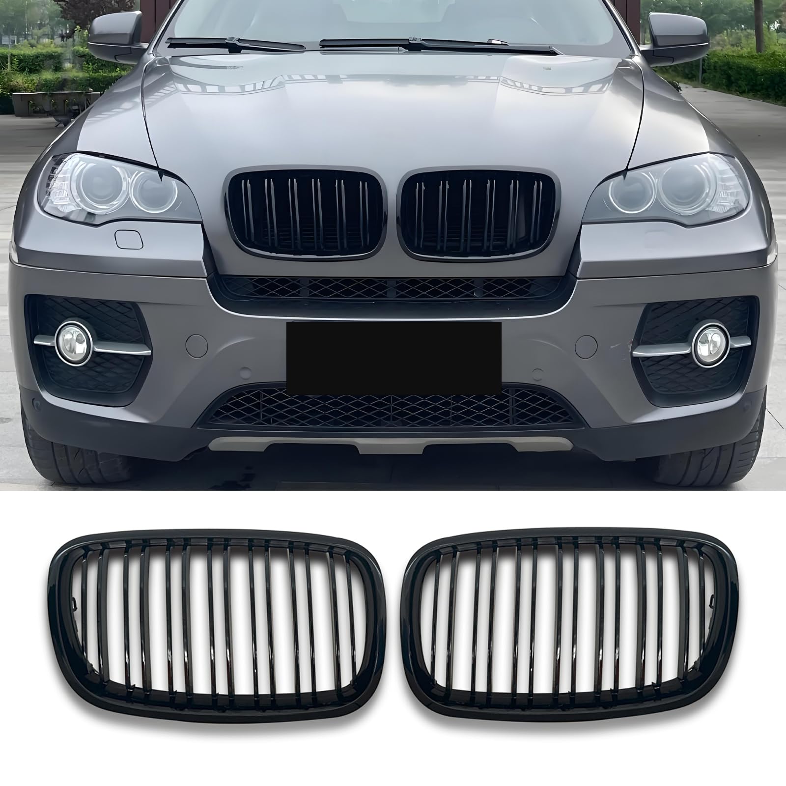 E70 Schwarze Nieren Kühlergrill für BMW X5 E70 X6 E71 Nieren Doppelsteg Sport Kühlergrill Glanz Schwarz E71 Vorne 2007-2013 (For X5 E70 2007-2013)