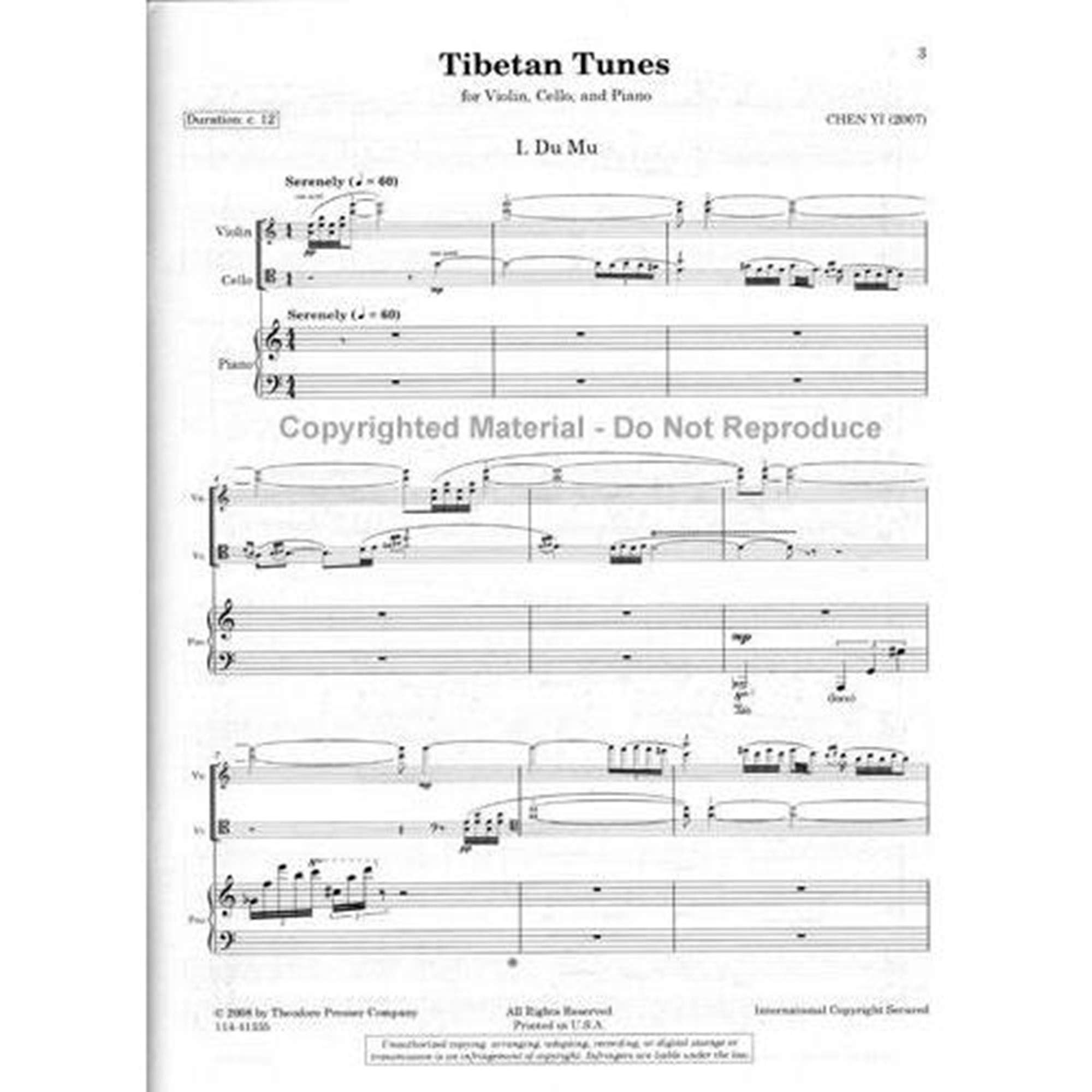 Chen Yi - Tibetan Tunes for Violin, Cello and Piano - Theodore Presser Publication