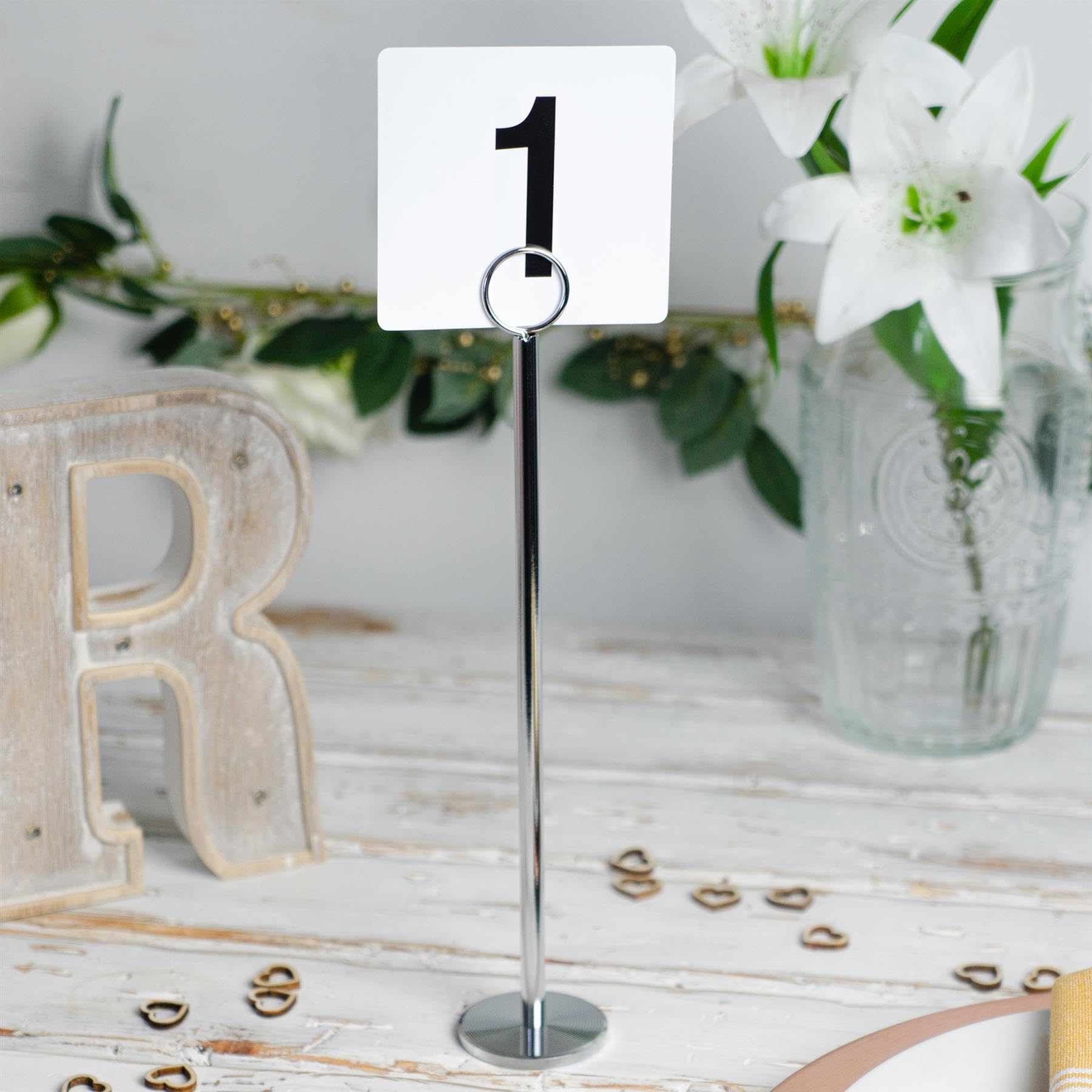 Argon Tableware 50 x Silberne Tischnummern mit 20 cm Haltern – Tischkarten-Schilderständer-Set für Hochzeiten, Namensanzeige für Fotomenüs, Party-Dekoration aus Metall