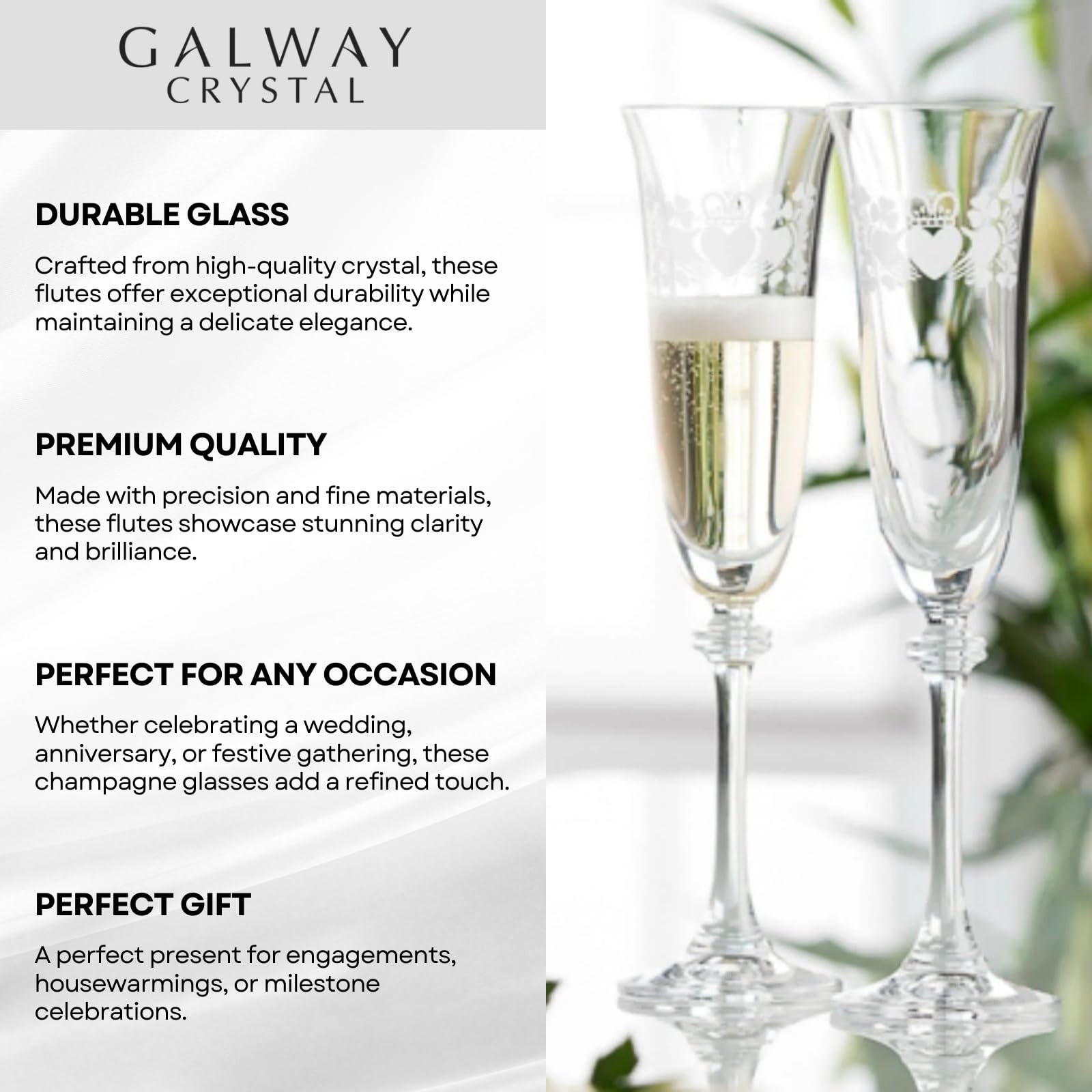 Galway Crystal Claddagh Ring Shamrock Liberty Flautas (1 par), transparente