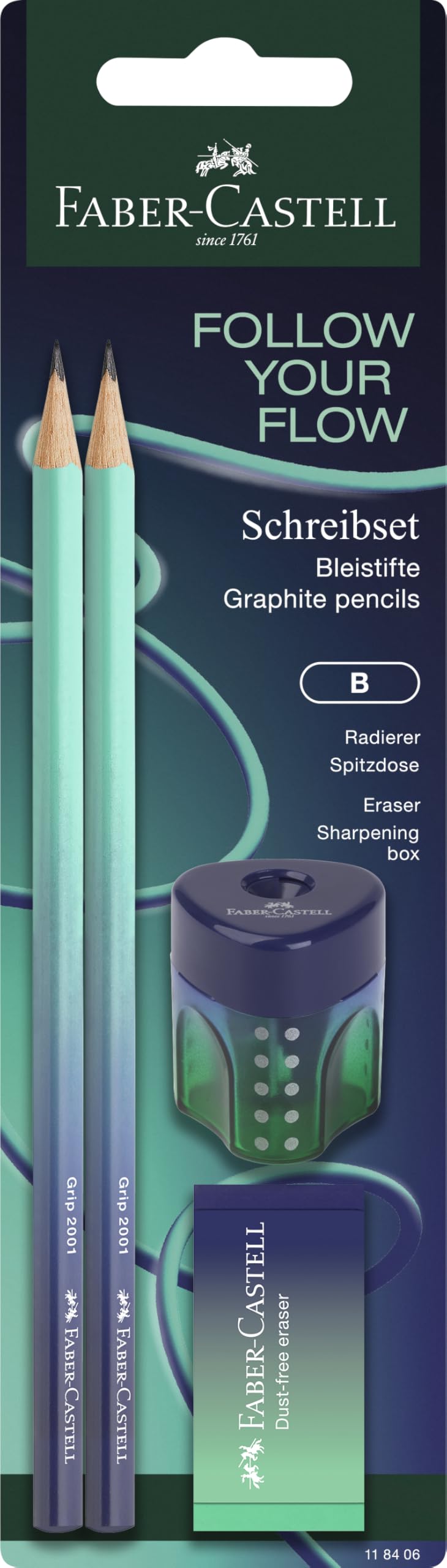 FABER-CASTELL - zestaw piśmienniczy Flow Buzzing Blue, 4-częściowy | Z 2 ołówkami B, 1 gumką i 1 temperówką, dla dzieci i dorosłych