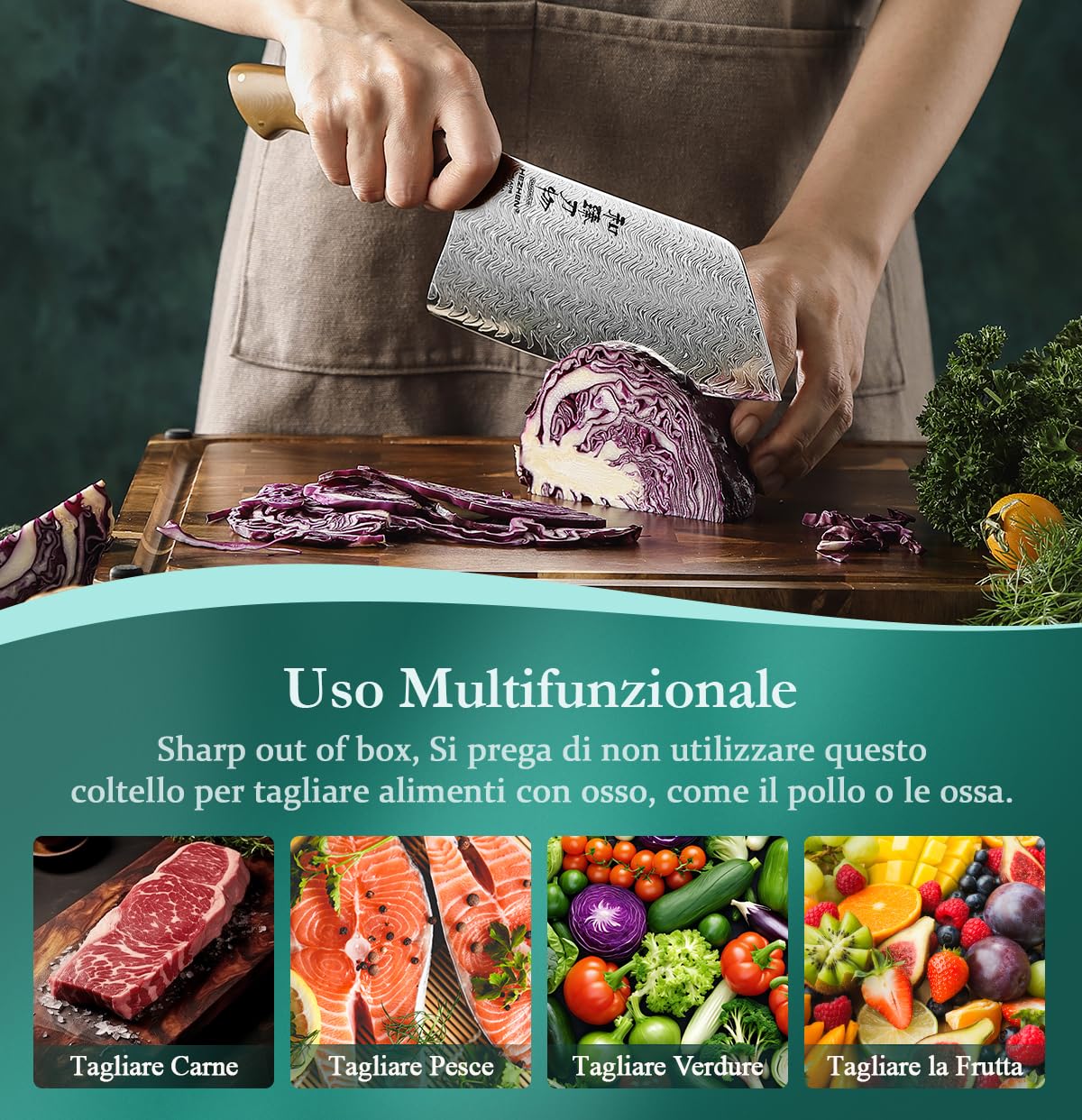 HEZHEN Mannaie per Carne Acciaio Damasco,Coltelli Mannaie da Chef Cinesi Professionale, Coltelli da Cucina Multifunzionale, Full Tang Manico