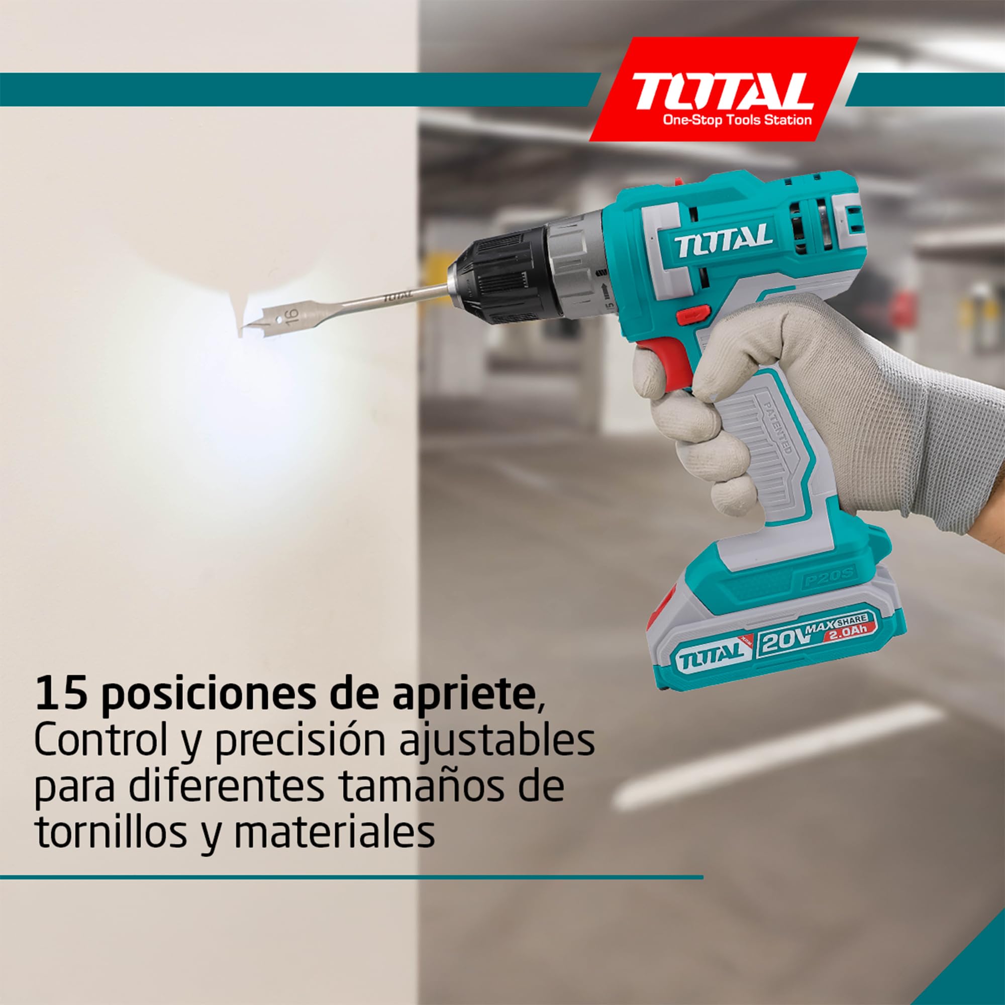 TOTAL - Taladro Atornillador a Batería - 20V - incluye una Batería de 2 Ah y cargador - Portabrocas con Autobloqueo - Máximo Par 45 Nm - Ideal para Bricolaje y Proyectos en Casa - Azul