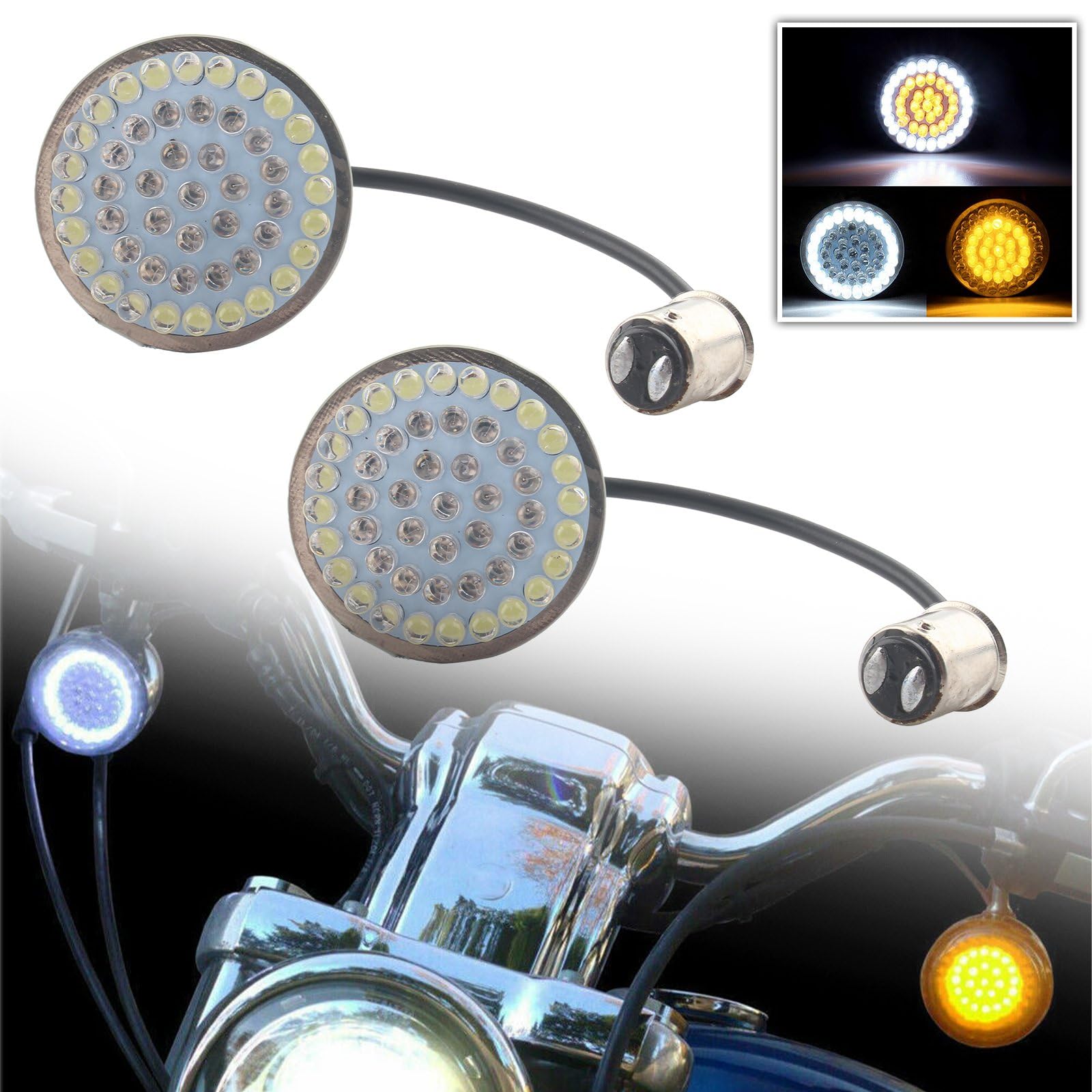 2 Zoll LED-Blinker 1157 Bullet, bernsteinfarbene Blinker, weiße Laufbirnen, kompatibel mit Harley Touring Dyna Softail Sportster Tri Glide
