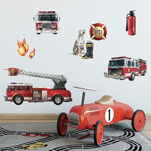 RoomMates RMK1125SCS Fire Brigade - Calcomanías de pared para despegar y pegar, color rojo