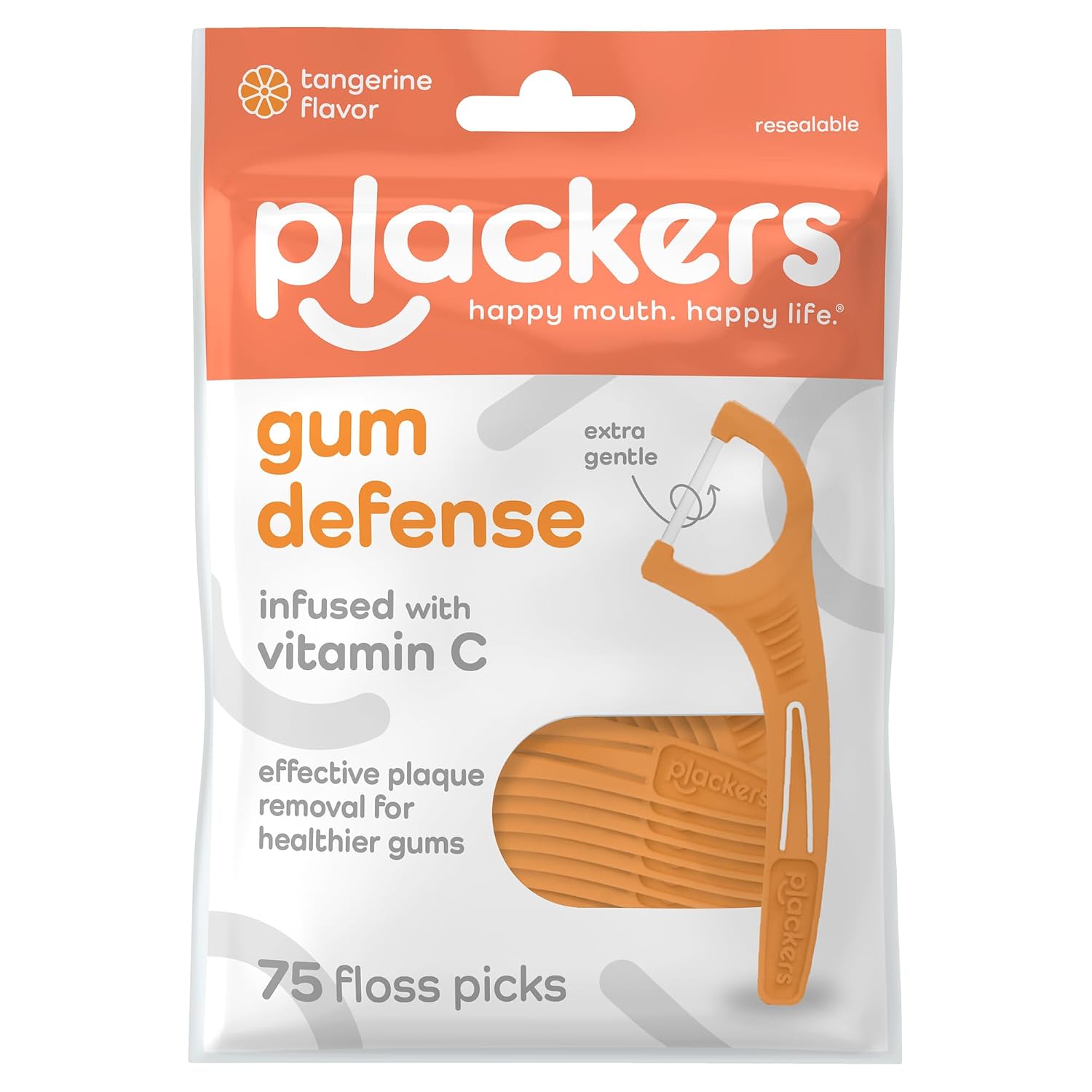 Plackers Plackers Gum Defense Floss Picks with Vitamin C, Energizing Tangerine Flavor, GentleFloss, 75 Count