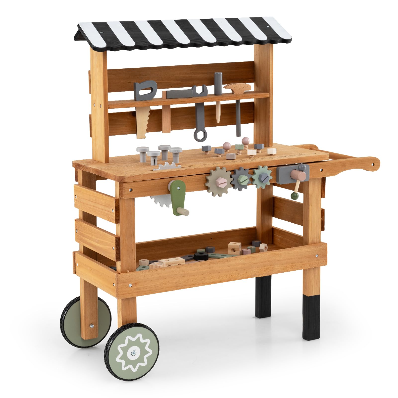 COSTWAY Wooden Kids Tool Bench, 2-in-1 Toddler Workbench Rolling Cart with Play Tools Set, Canopy and Wheels, Toddlers Construction Pretend Role Play Set for Boys Girls Ages 3+