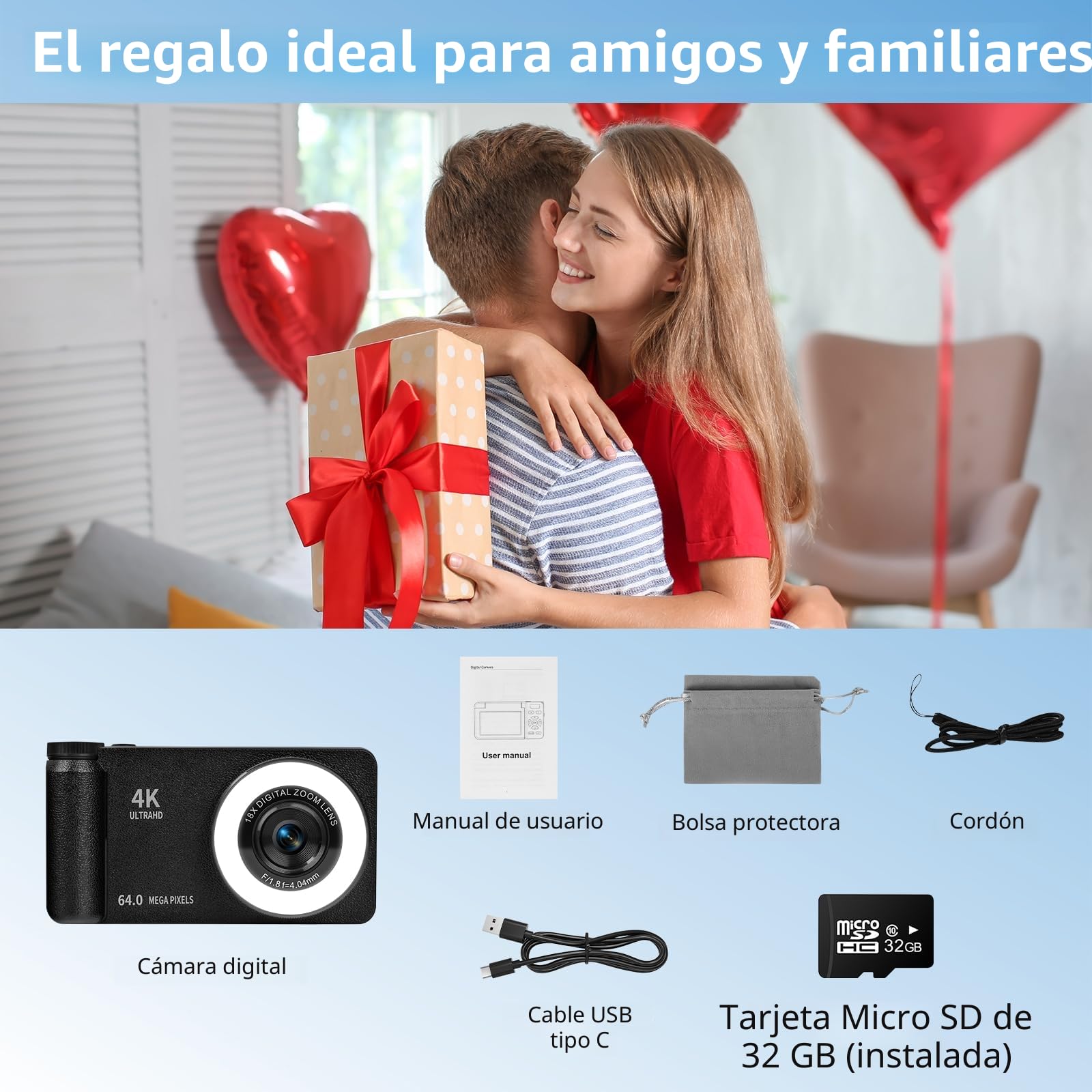 Cámara Digital 4K 64MP con Luz Beauty y Modo Belleza Cámara Digital Portátil con Pantalla Abatible 180° de 3" Zoom Digital 18X con Autofocus Cámara Compacta para Vlogging y Viajes Incluye Tarjeta 32GB