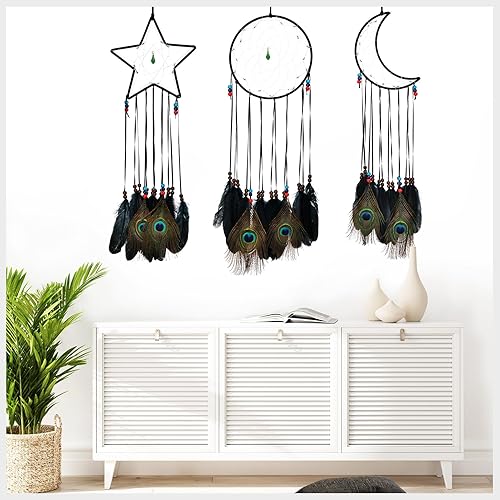 Miniatura 6 de FeelfunFeather 3 piezas de atrapasueños negros tradicionales con diseño de luna, sol, estrella y plumas negras y de pavo real para niños para colgar