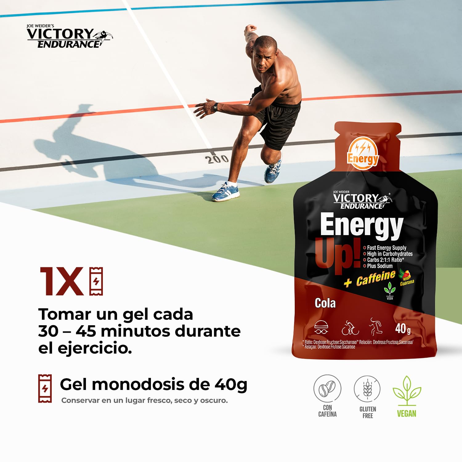 VICTORY ENDURANCE Energy Up Gel Cafeína Sabor Cola, con cafeína, con plus de sodio, Energía inmediata, 40 g (Paquete de 24) (WVE.129130)