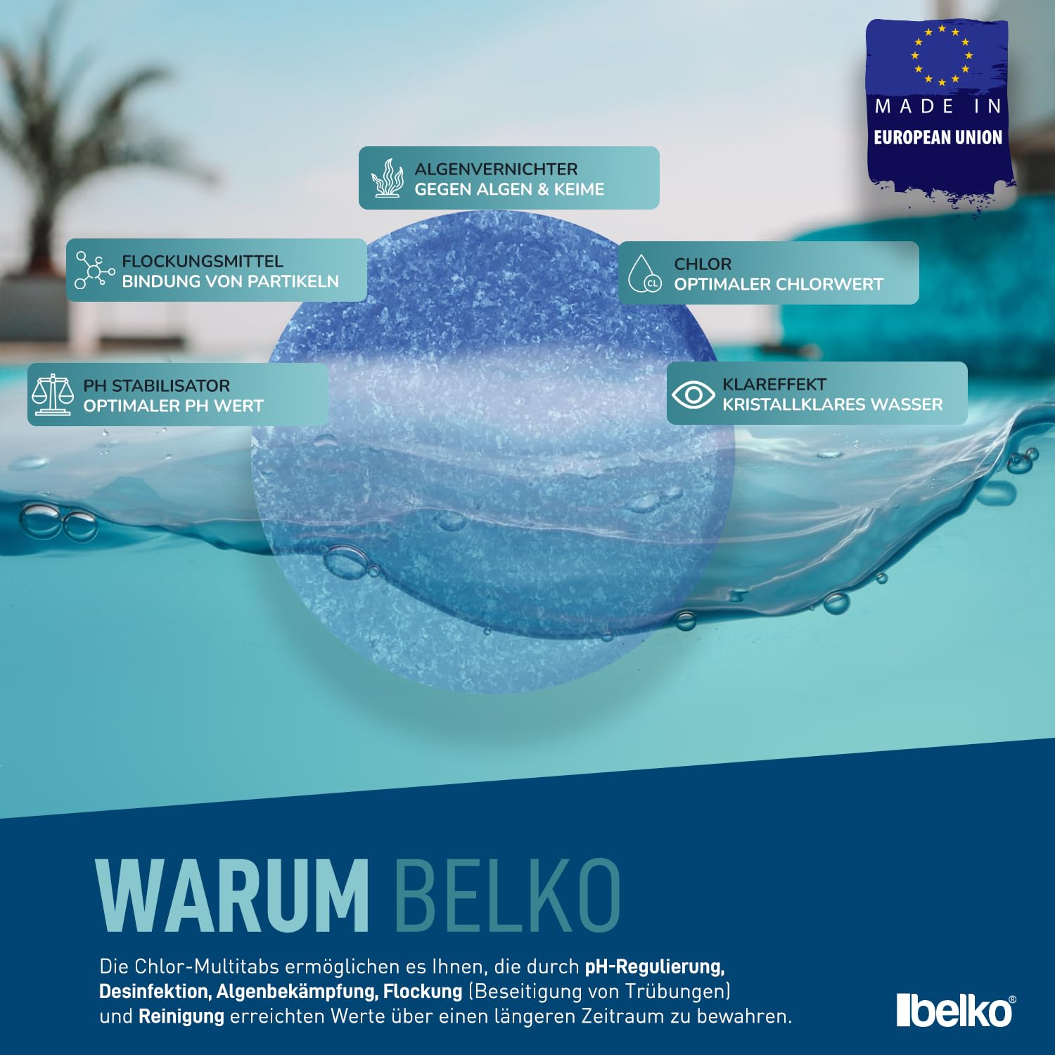 Belko® Chlortabletten für Pools Multitabs 5 in 1-200g Tabs Multi Chlortabletten - 5kg mit 5 Phasen Pflegewirkung für für die sichere und saubere Poolpflege - hygienisches Poolwasser