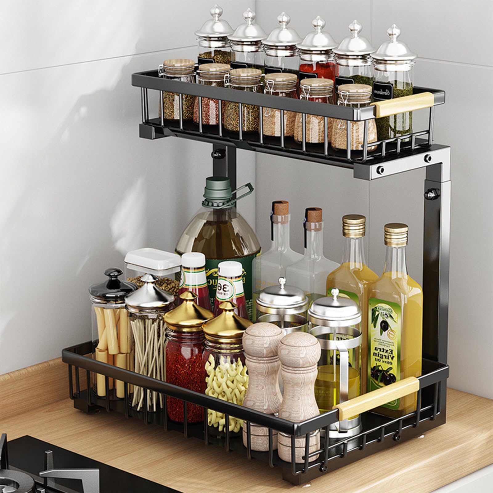 2 Niveles Organizador Fregadero, Metal Deslizantes Organizador Fregadero Armario, Estantería bajo Fregadero, Baño, Cocina (Negro)