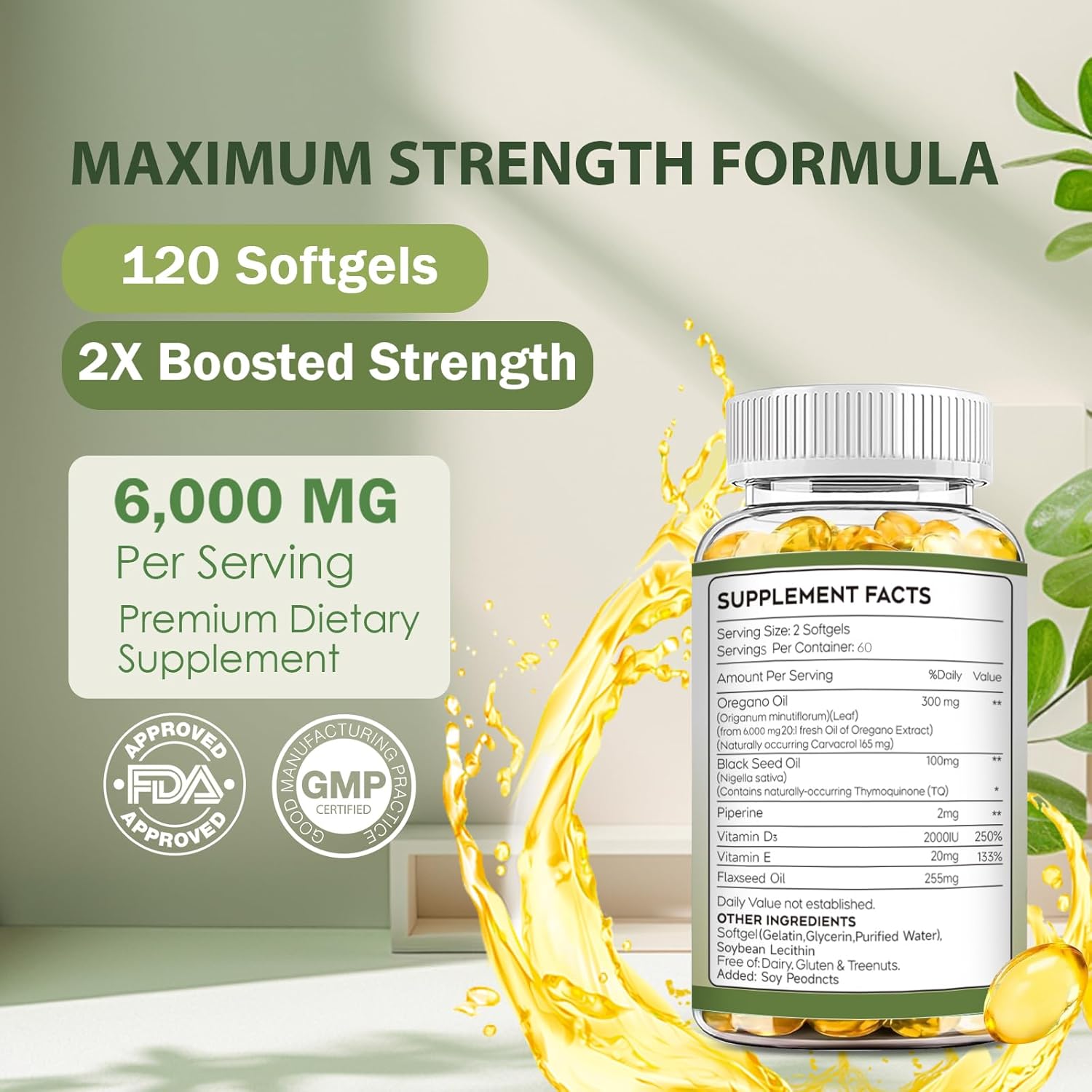 Oregano Oil Capsules Organic 6000mg, 6 in 1 Oil of Oregano With Black Seed Oil, Omega 3 (EPA & DHA) Vitamin D + E Supplement, Digestive Health Seasonal Immune Support -Non Gmo (120 Count (Pack of 1))