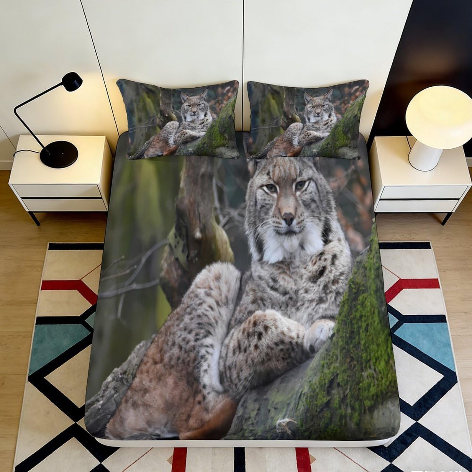 3D Printed Lynx Pattern Fitted Sheet Microfiber Soft Breathable Forest Animal Bed Cover for Bedroom Dormitory Guest Room Mattress Protection 180x200x25cm
