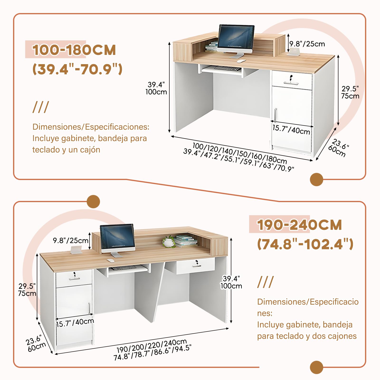 Mostrador de Recepción Moderno de MDF, 100–240 cm, con Cajón y Estantes Abiertos, Mueble de Oficina para Tiendas, Salones, Consultorios y Recepciones