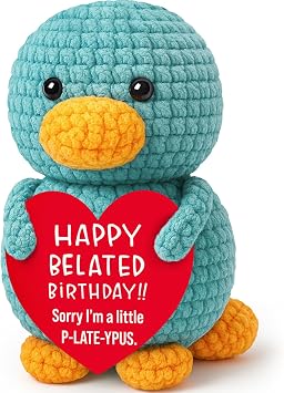 Belatelove Funny Belated Birthday Gift for Women Men Mini Handmade Crochet Platypus Birthday Gifts for Mom, Dad, Son, Daughter, Sister, Friends, Girls, Boys