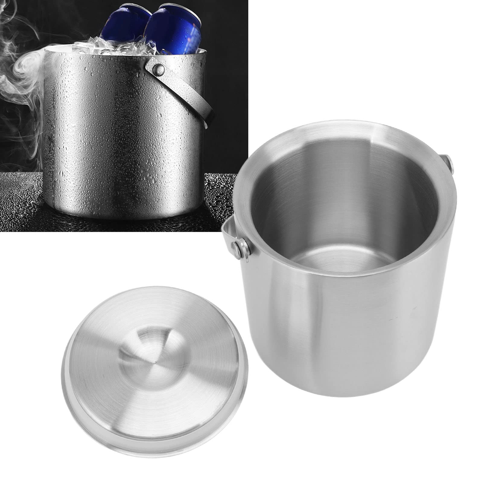 Cubitera de Champán Cubitera de Hielo de Acero Inoxidable de Doble Pared con Tapa y Asa Cubitera de Hielo para el Hogar, Bares y Restaurantes (2L)
