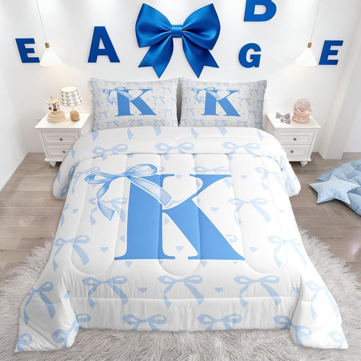 jejeloiu Cute Blue Bow Kids Bedding Set Twin Size,Boys Girls Monogrammed Comforter Set,Initial Letter K Ultra Soft Duvet Quilt,Cute Coquette Bow Knot Personalized Letter K Bedroom Decor