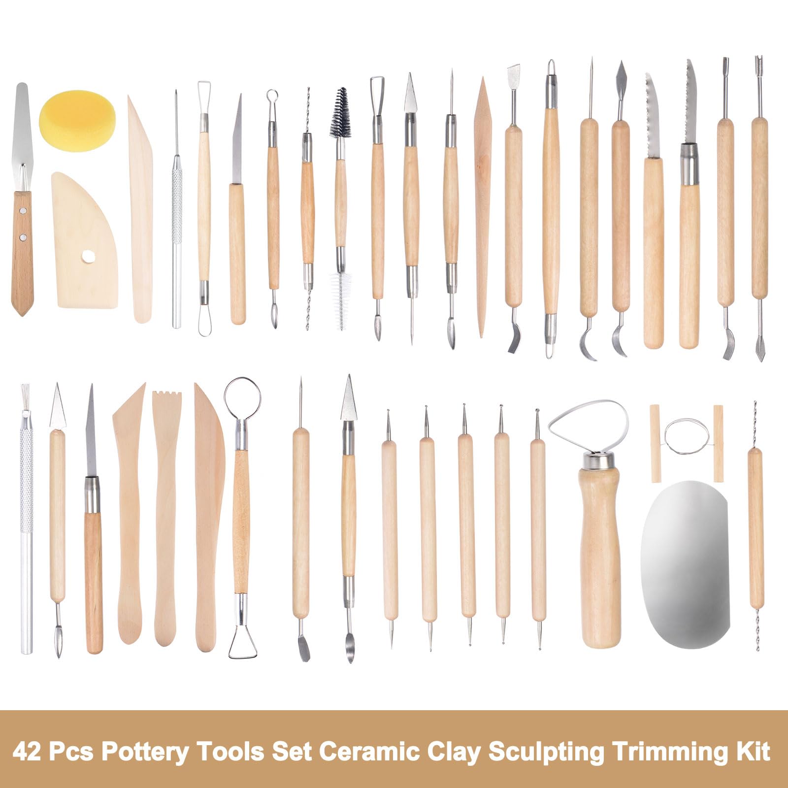 HARFINGTON 42pcs Pottery Tools Set Ceramic Clay Sculpting Trimming Kit, Modeling Carving Shaping Tool with Smooth Wooden Handles, Apron and Tool Bag, for Beginners and Professionals