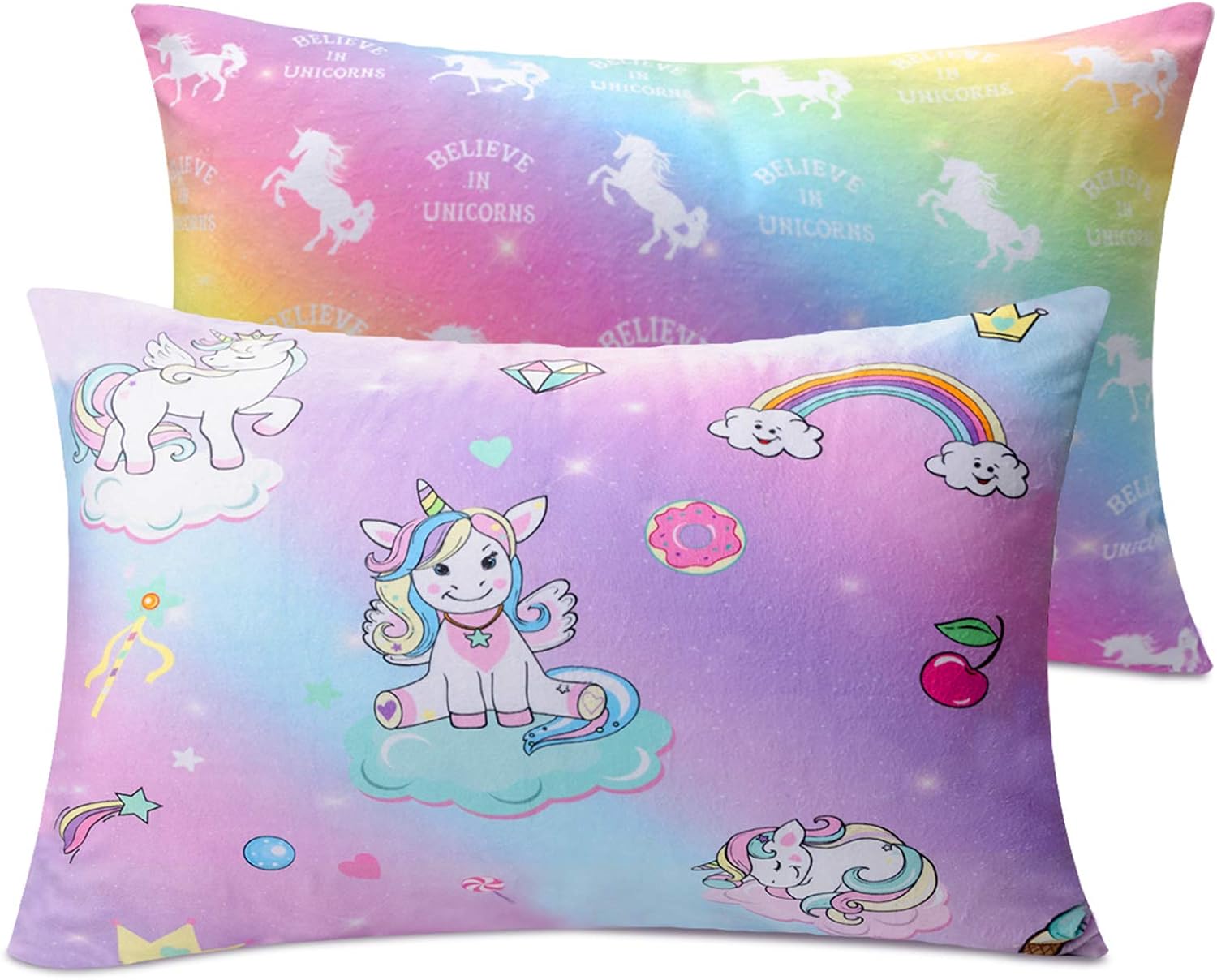 Nidoul Toddler Pillowcases, 2 Pack Unicorn Pillow Cases, 14"x19"for 13"x18", 12"x16" Pillow, Ultra Soft Breathable Satin Bedding Pillow Case Cover for Home Travelling（Unicorn Rainbow）