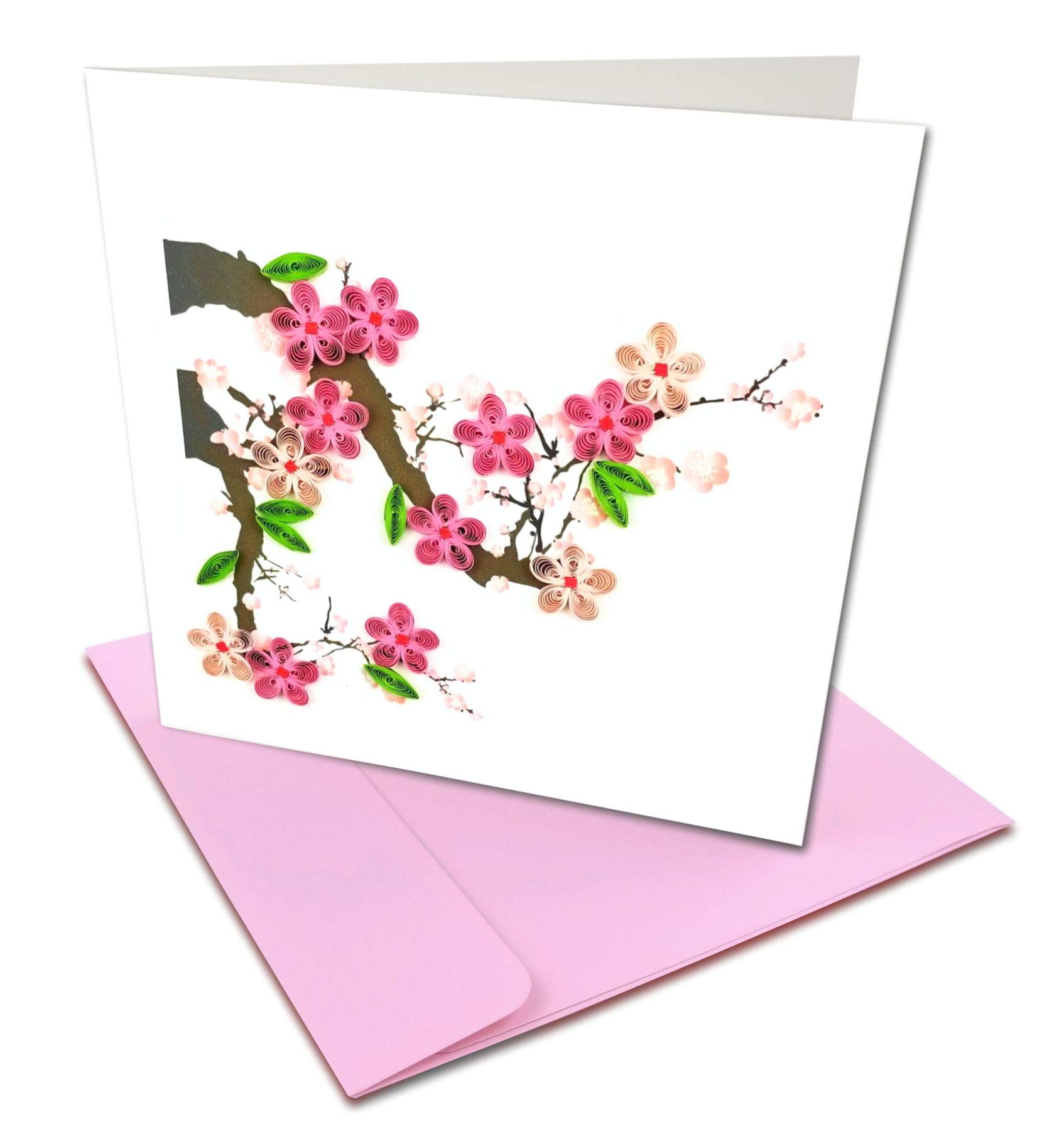 OberstuffCherry Blossom Quilling Greeting Card, 6x6" with Envelope. Any Occasion. Blank Inside. Hand-made. Suitable for Framing.