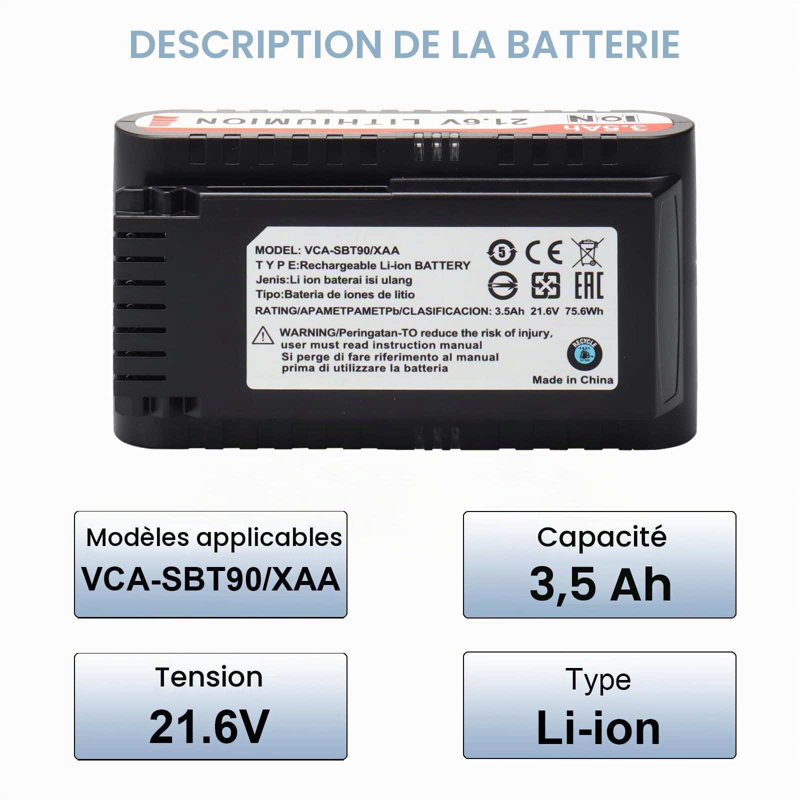 Batterie de Remplacement 21,6 V 3,5 Ah pour Samsung Jet 75, Jet 90 Series aspirateur Balai sans Fil, Batterie Li-ION Compatible avec Le modèle VCA-SBT90/XAA