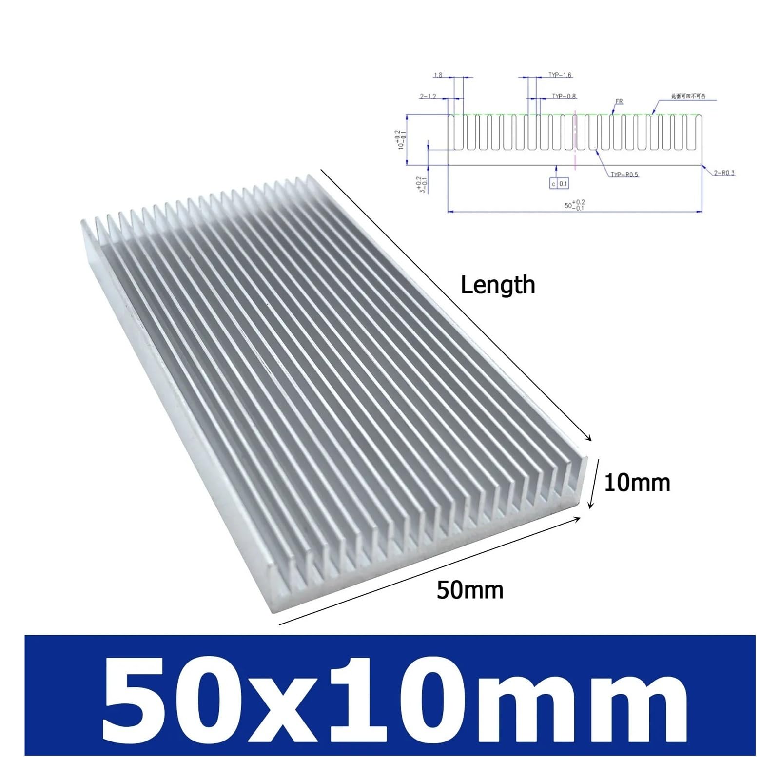Dissipatore di calore in alluminio, larghezza 50-160 mm, raffreddamento rapido, per chip elettronico, LED, COB Light Power IC transistor (50 x 10 mm, 150 mm)