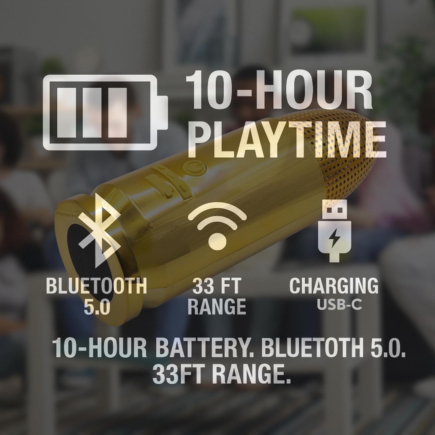 Bullet Bluetooth Speaker | Portable Wireless Speaker, TWS Pairing, 70ft Range | IPX5 Waterproof, Rugged Outdoor Design, USB-C Fast Charging, 8–10Hr Battery Life (Brass)